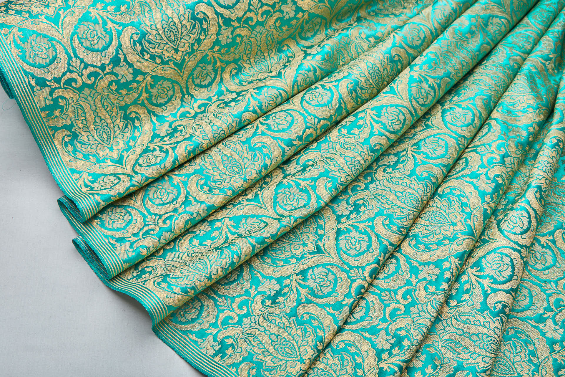 Heavy Banaras Brocade - Ornate Floral Cyan and Gold fabric, image 6 of 7