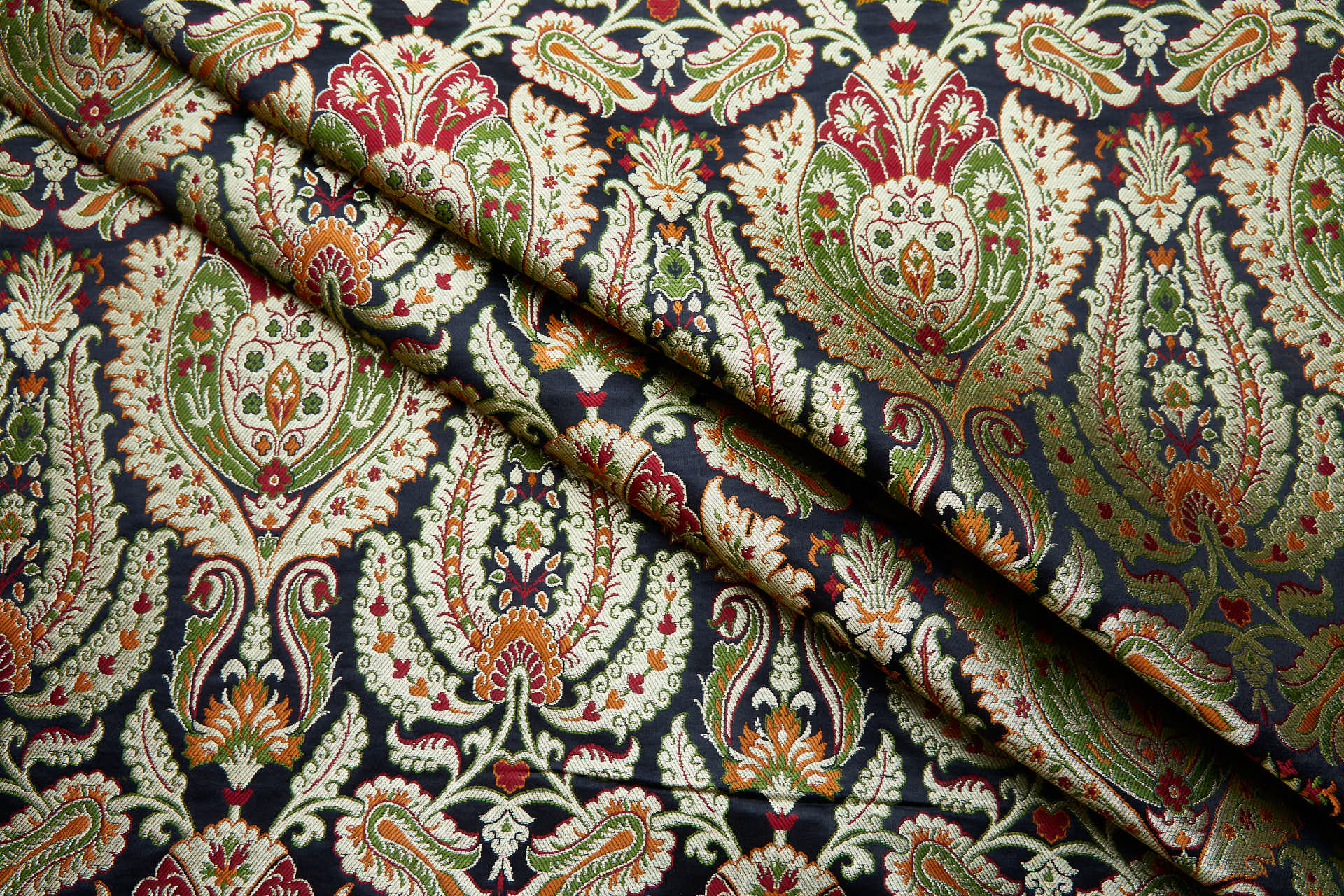 Heavy Banaras Brocade - Black with Red, Orange, Olive and Gold fabric, image 3 of 8