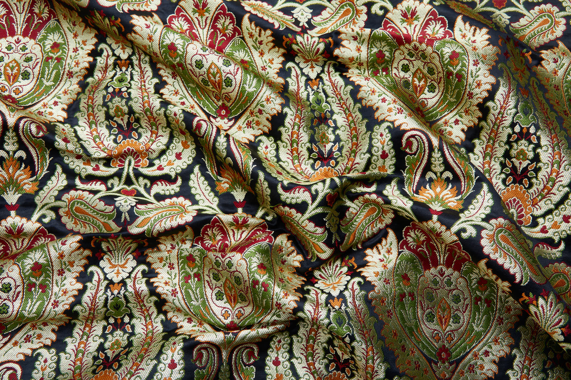Heavy Banaras Brocade - Black with Red, Orange, Olive and Gold fabric, image 5 of 8