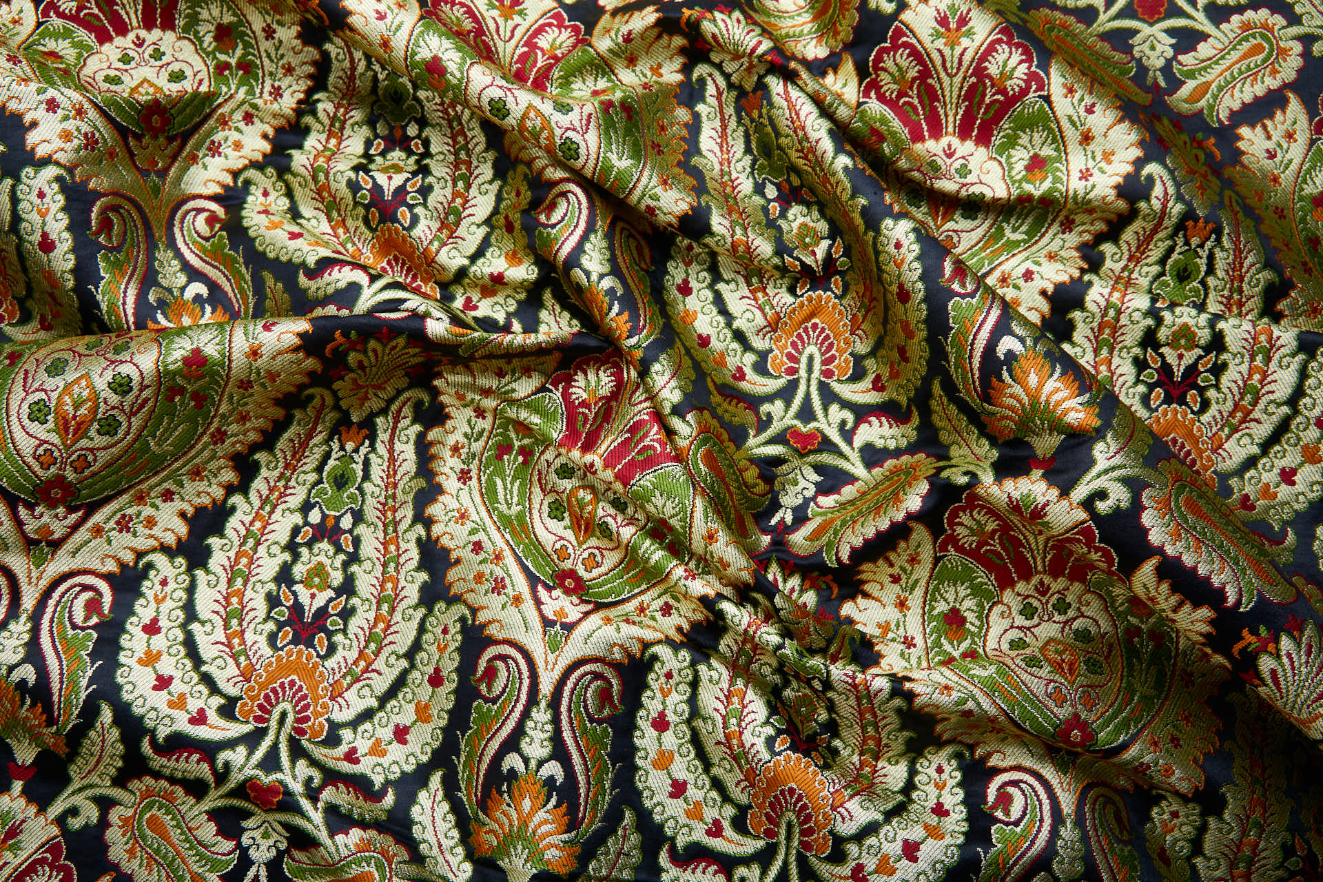 Heavy Banaras Brocade - Black with Red, Orange, Olive and Gold fabric, image 2 of 8