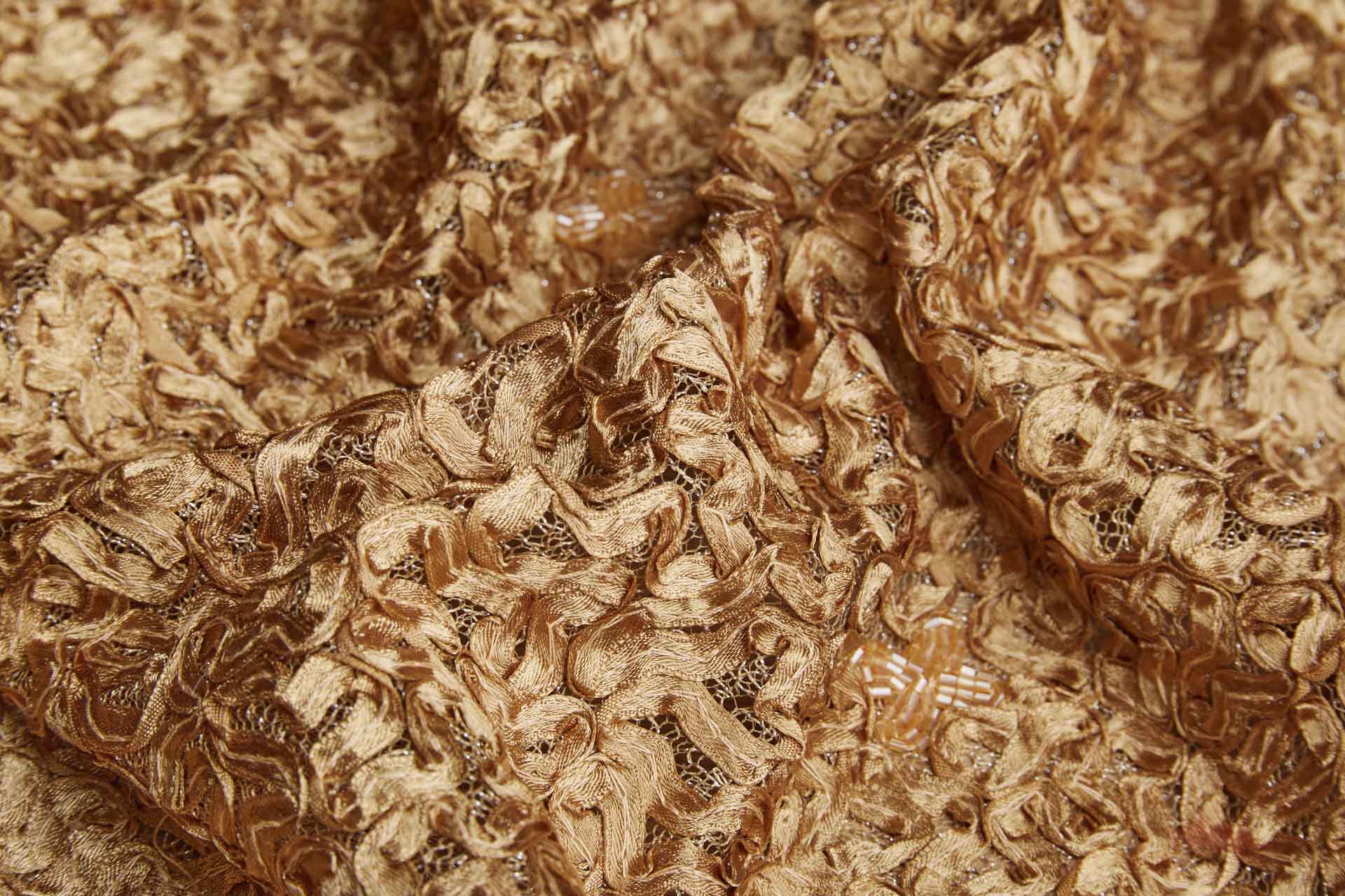 Bronze Gold Ribbon Applique on Mesh with Beaded Flowers fabric