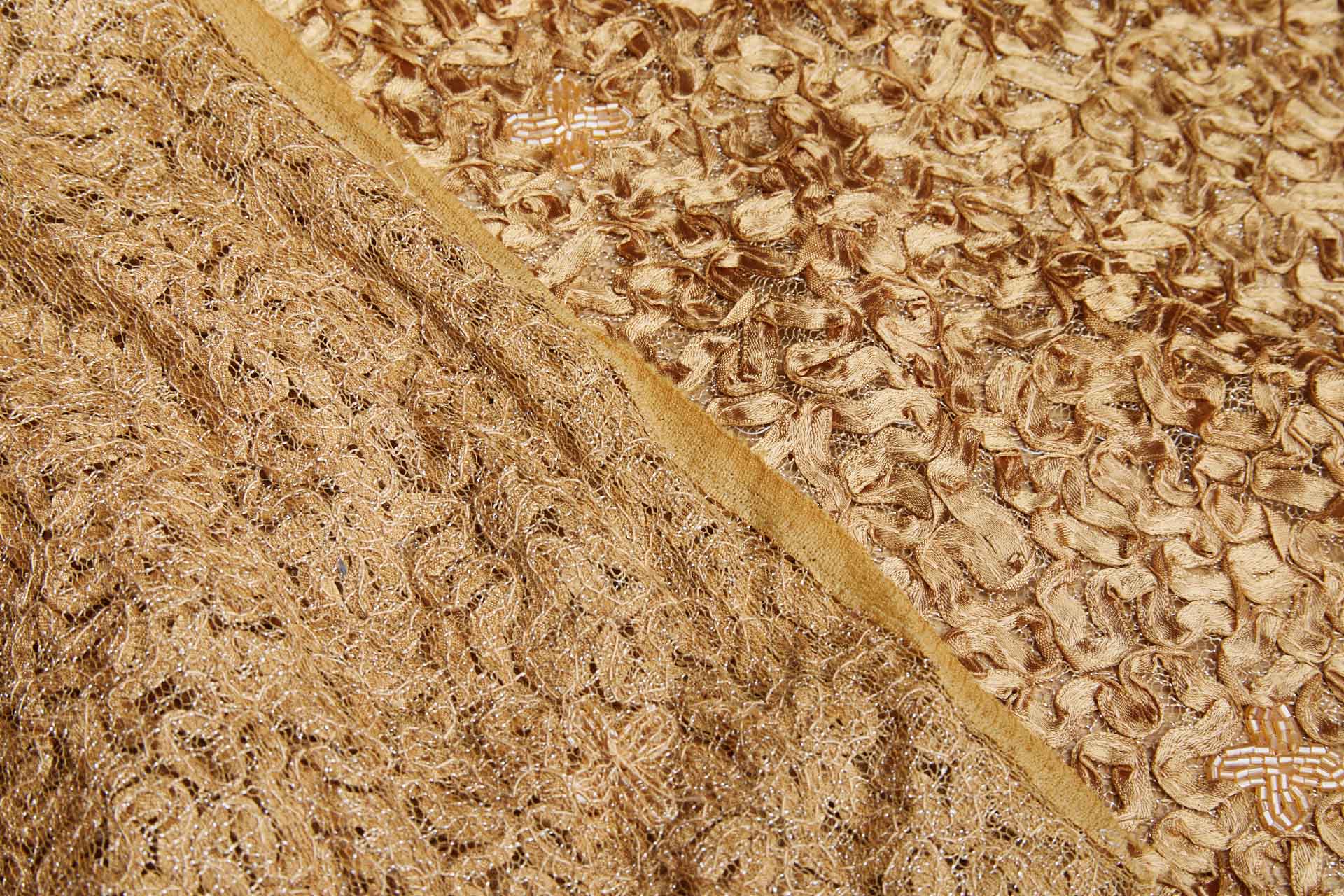 Bronze Gold Ribbon Applique on Mesh with Beaded Flowers fabric, image 4 of 5