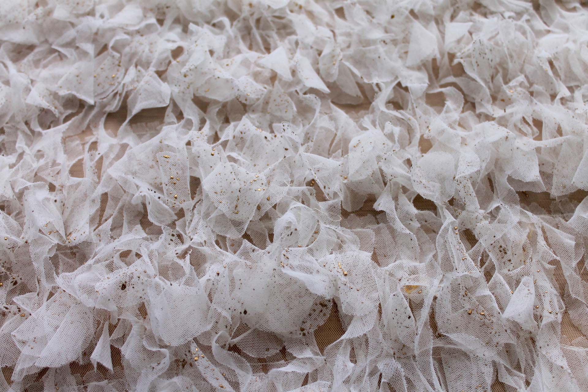 Gold Paint Flecks on Ivory Tulle Curls Applique fabric, image 3 of 7