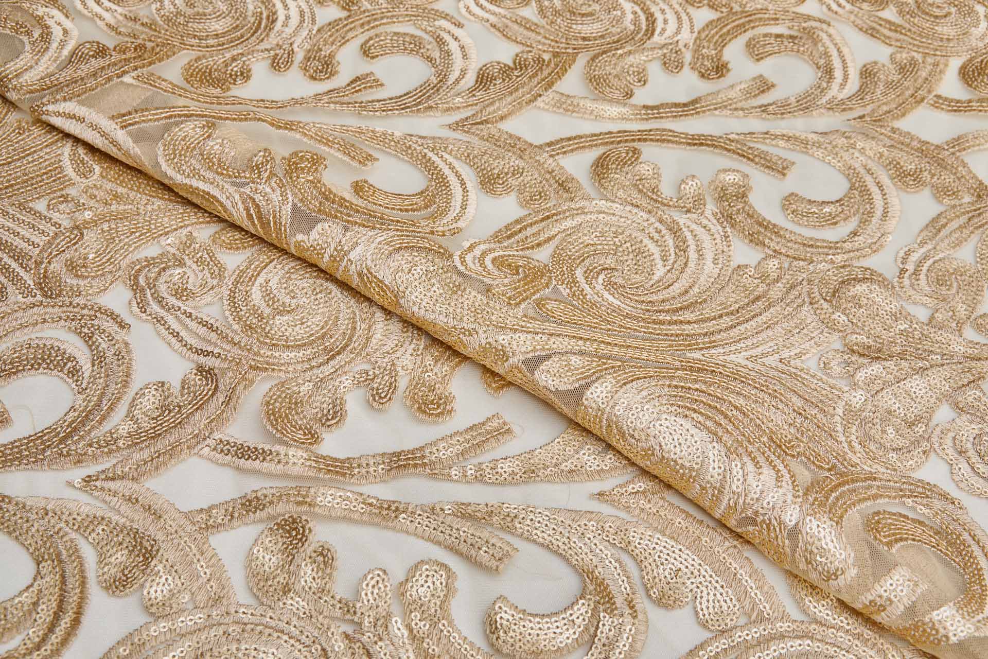 Gold Sequins Swirl Motif on Tulle fabric