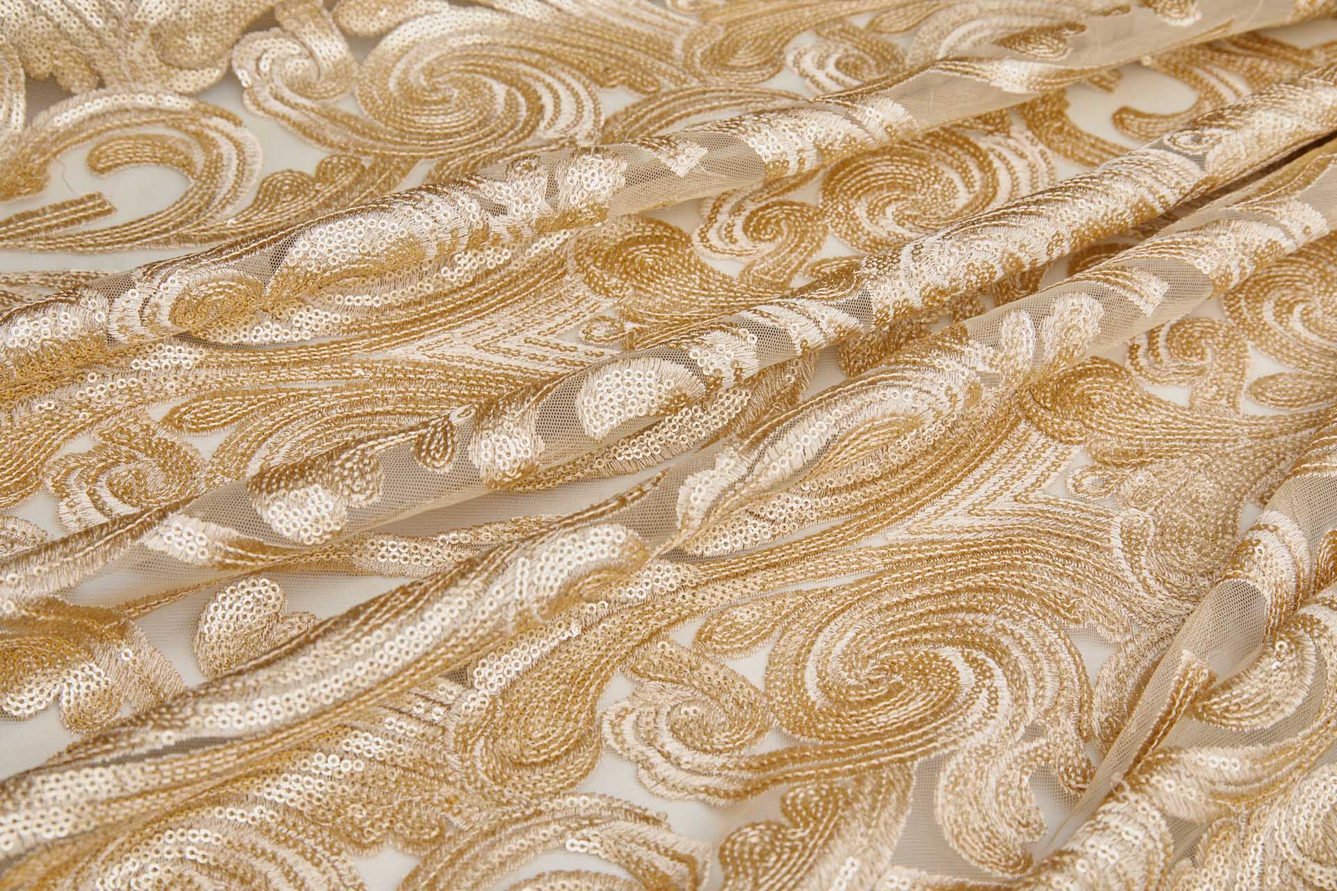 Gold Sequins Swirl Motif on Tulle fabric, image 6 of 8