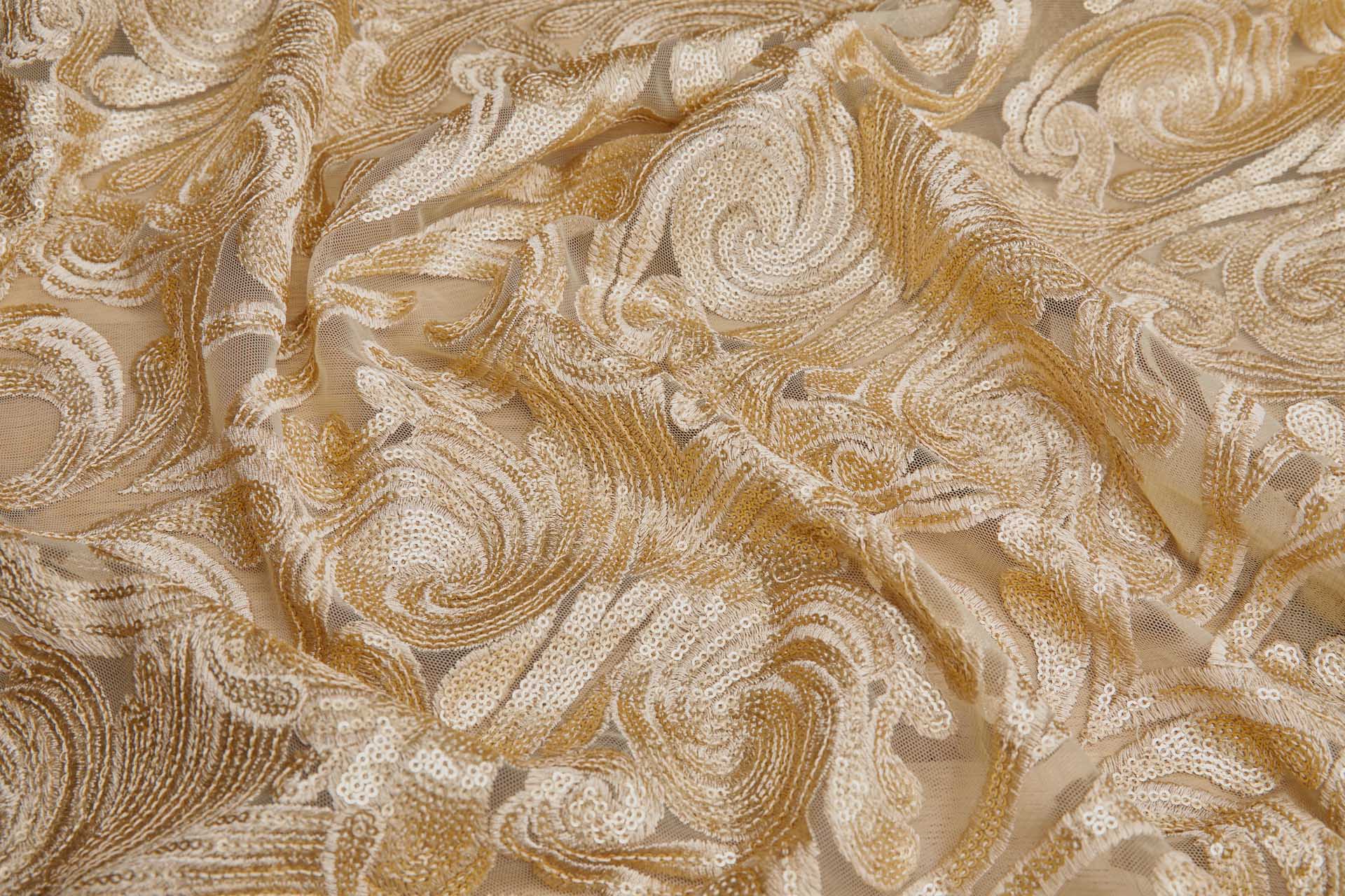 Gold Sequins Swirl Motif on Tulle fabric, image 7 of 8