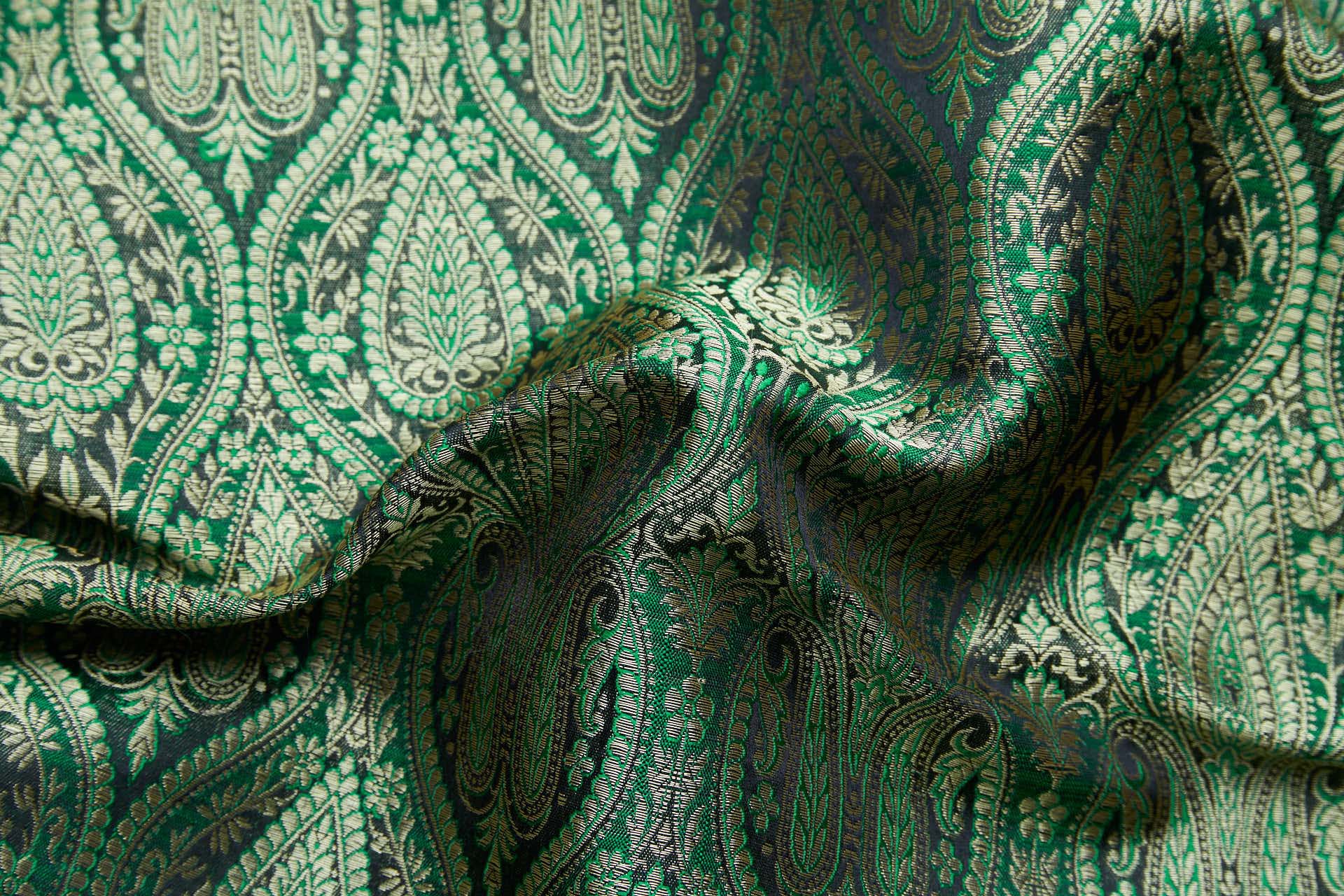 Banaras Brocade - Emerald, Black and Gold fabric, image 2 of 10