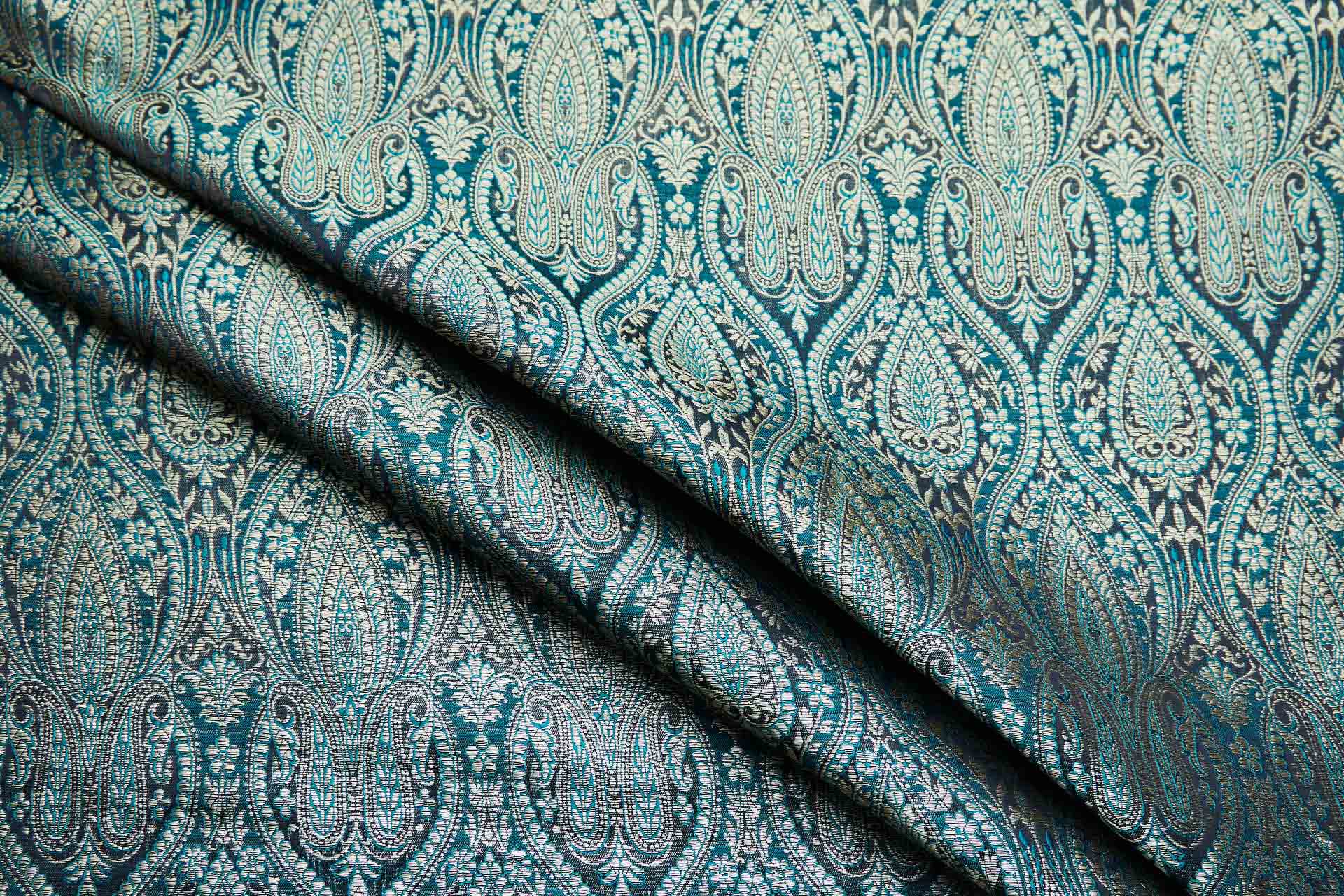 Banaras Brocade - Teal, Black and Gold fabric, image 3 of 10