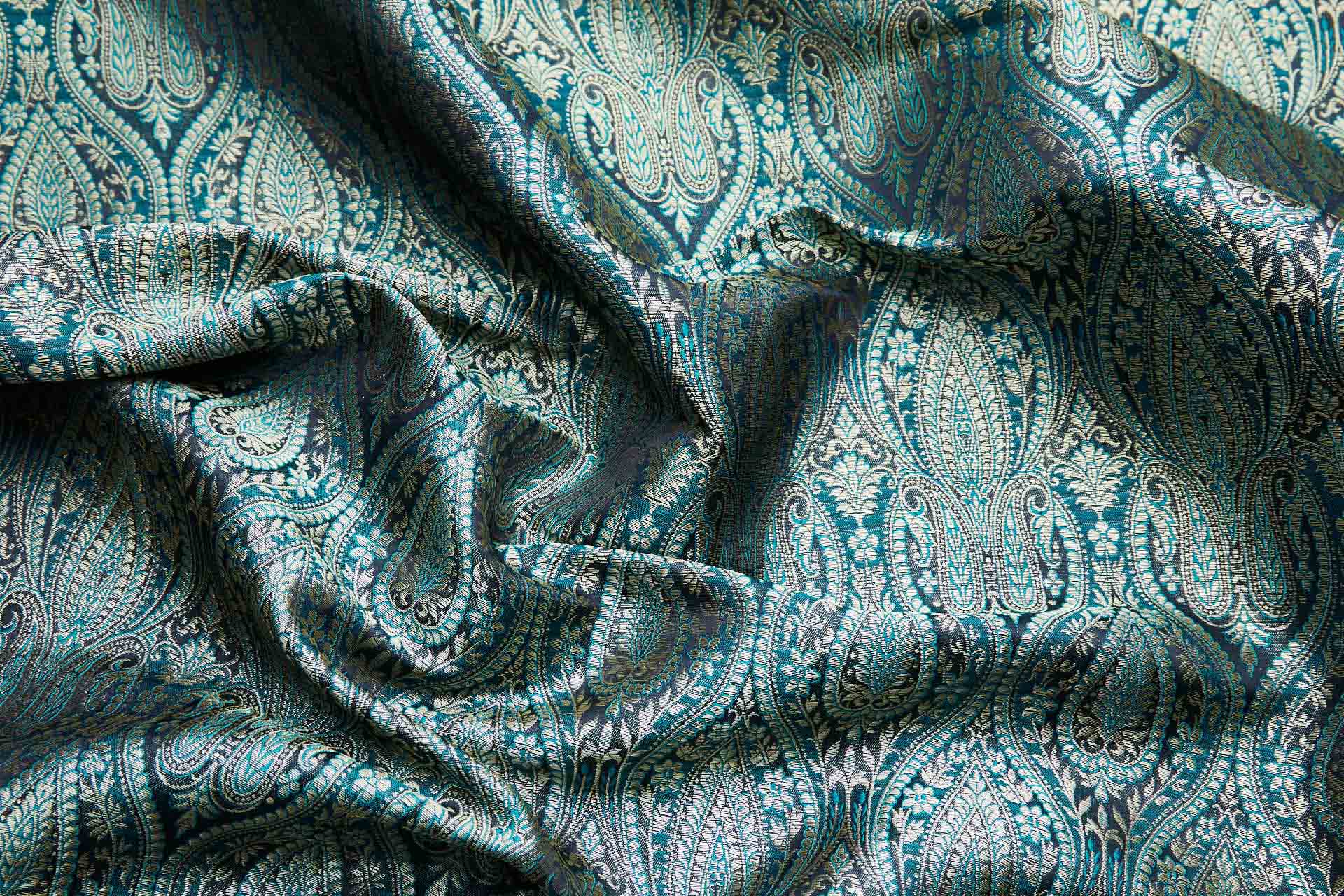 Banaras Brocade - Teal, Black and Gold fabric, image 8 of 10