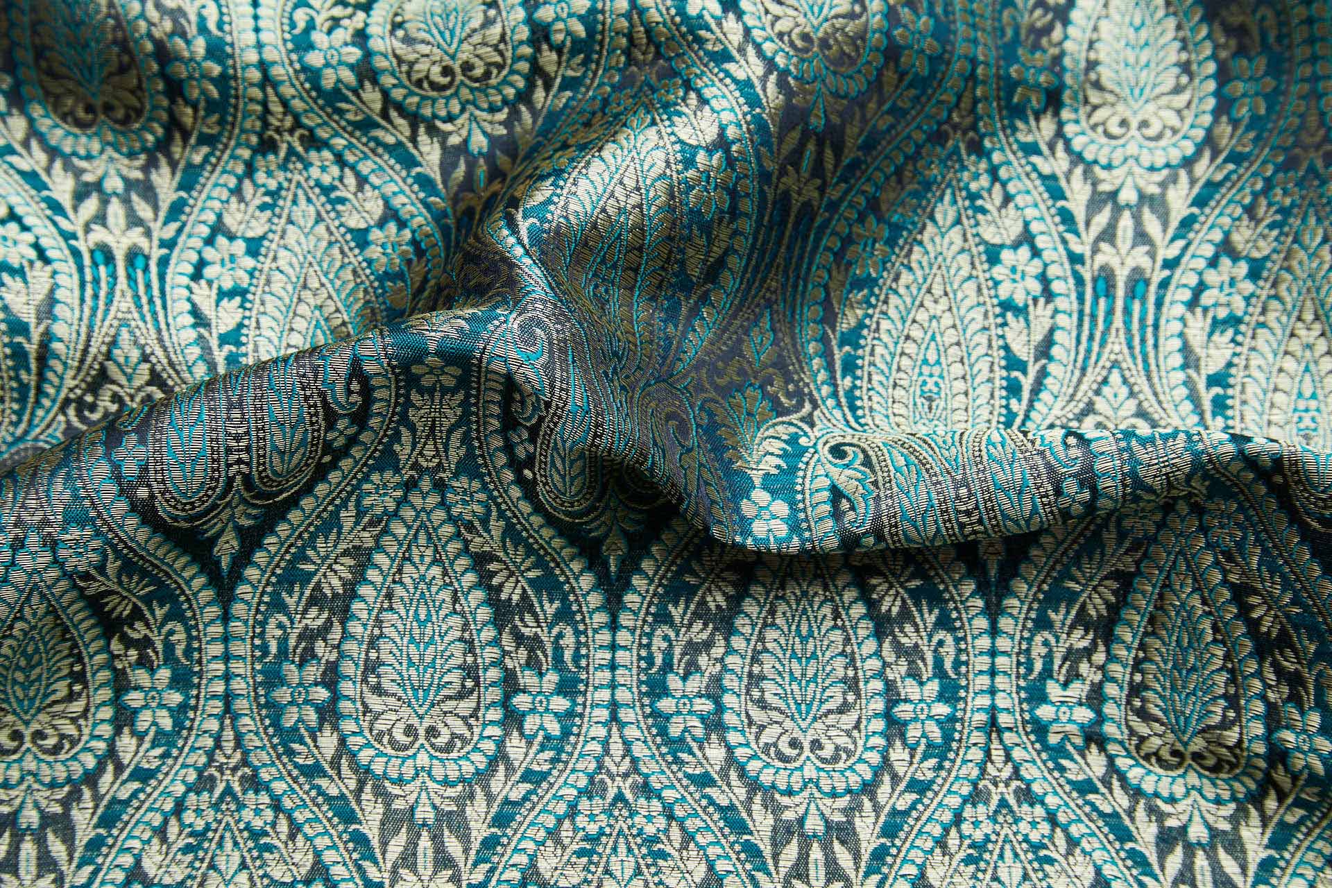 Banaras Brocade - Teal, Black and Gold fabric, image 2 of 10