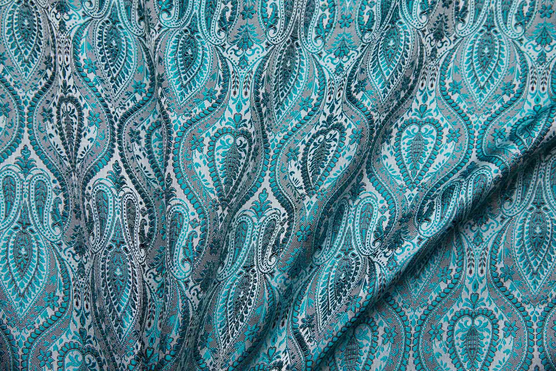 Banaras Brocade - Teal, Black and White fabric, image 3 of 11
