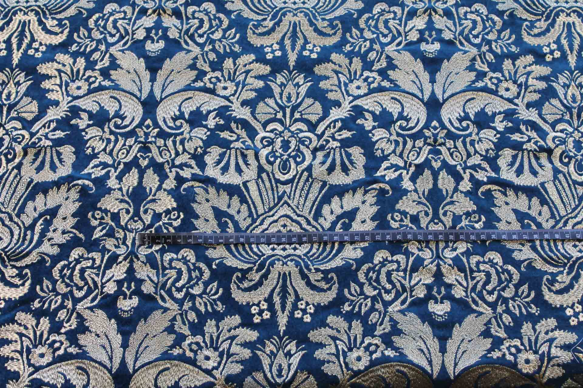 Heavy Jacquard Style Embroidery on Cotton Velvet - Gold on Teal fabric, image 2 of 7