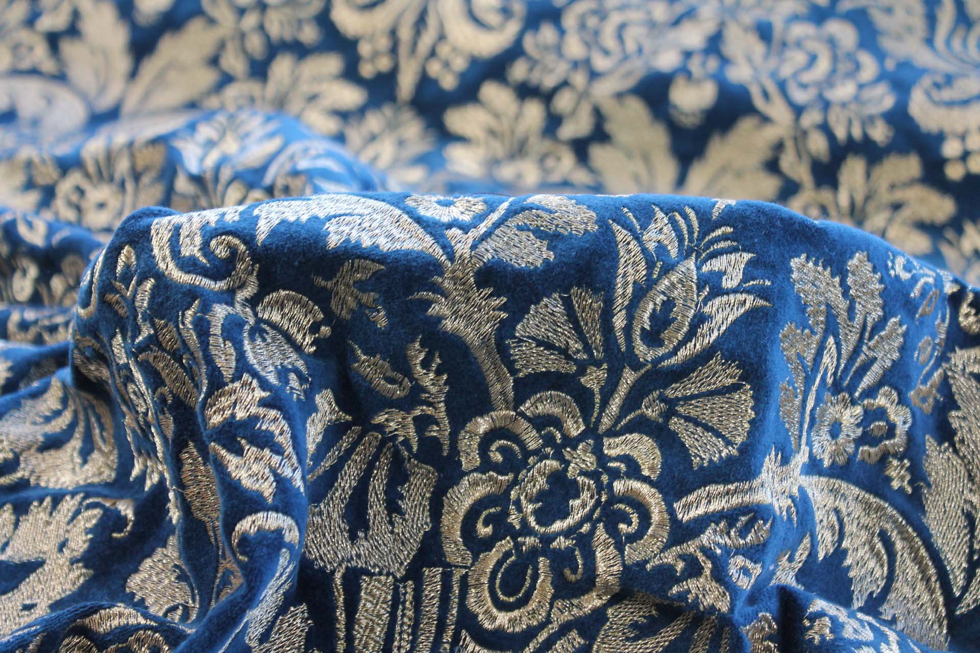 Heavy Jacquard Style Embroidery on Cotton Velvet - Gold on Teal fabric, image 3 of 7