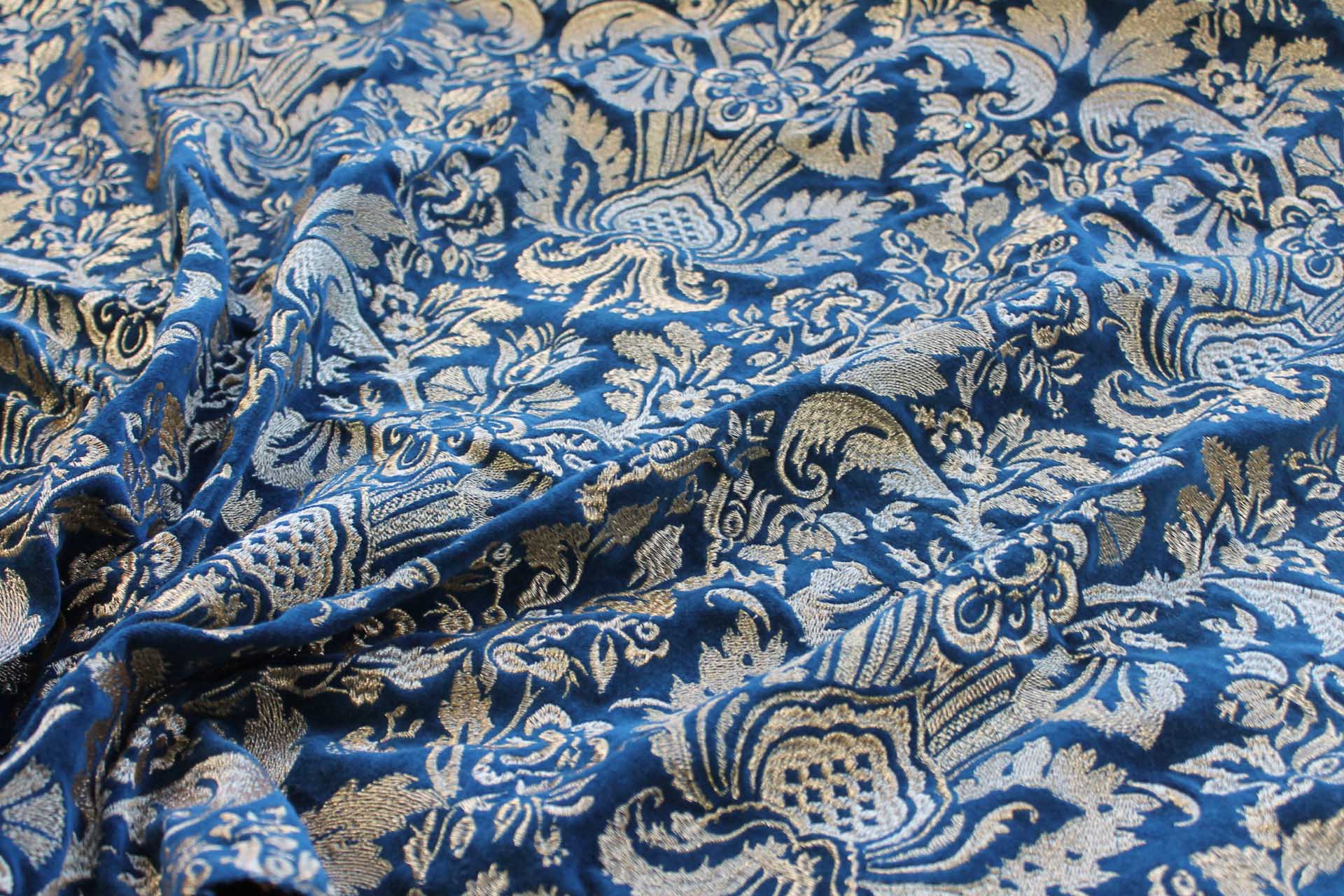 Heavy Jacquard Style Embroidery on Cotton Velvet - Gold on Teal fabric, image 4 of 7