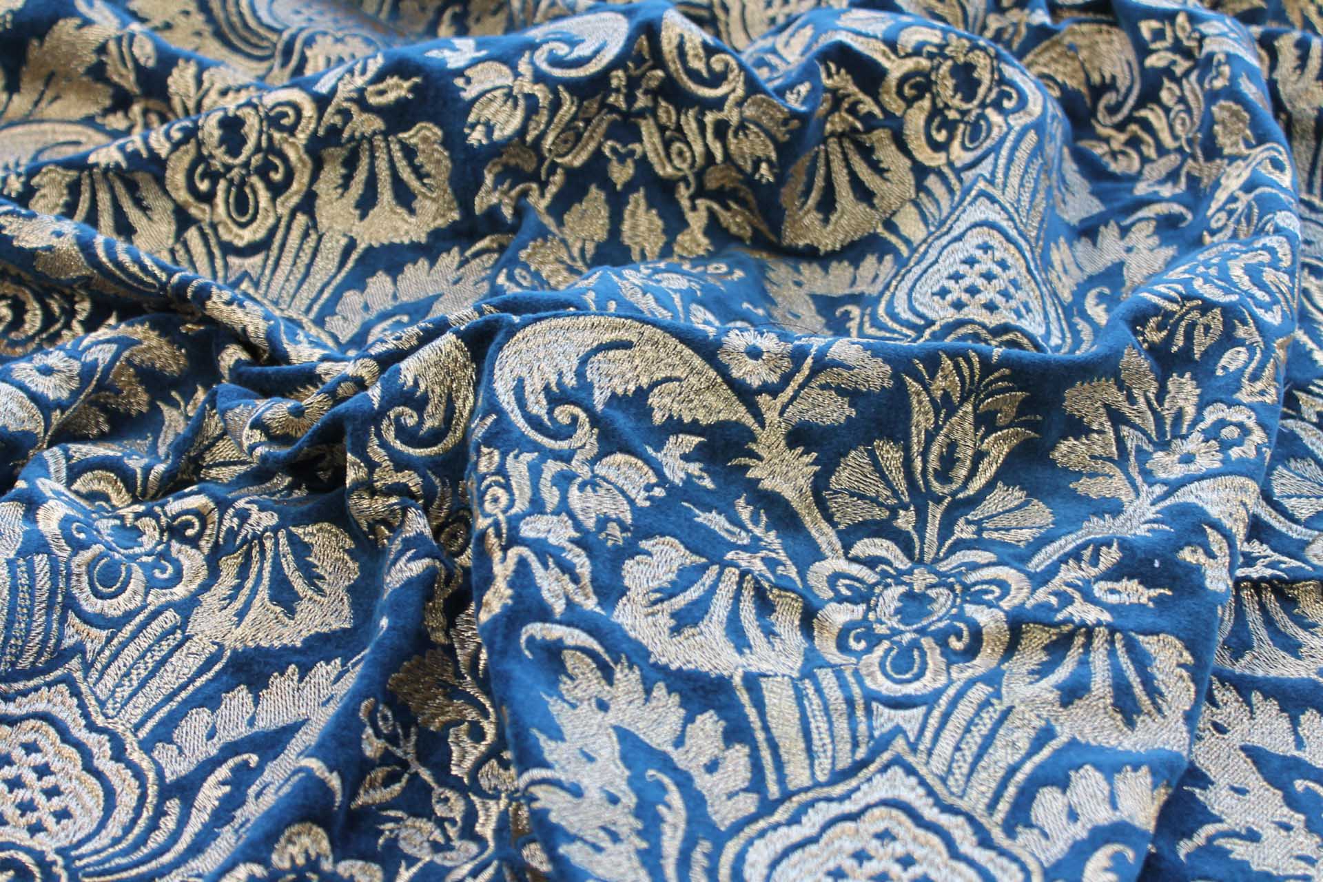 Heavy Jacquard Style Embroidery on Cotton Velvet - Gold on Teal fabric, image 5 of 7