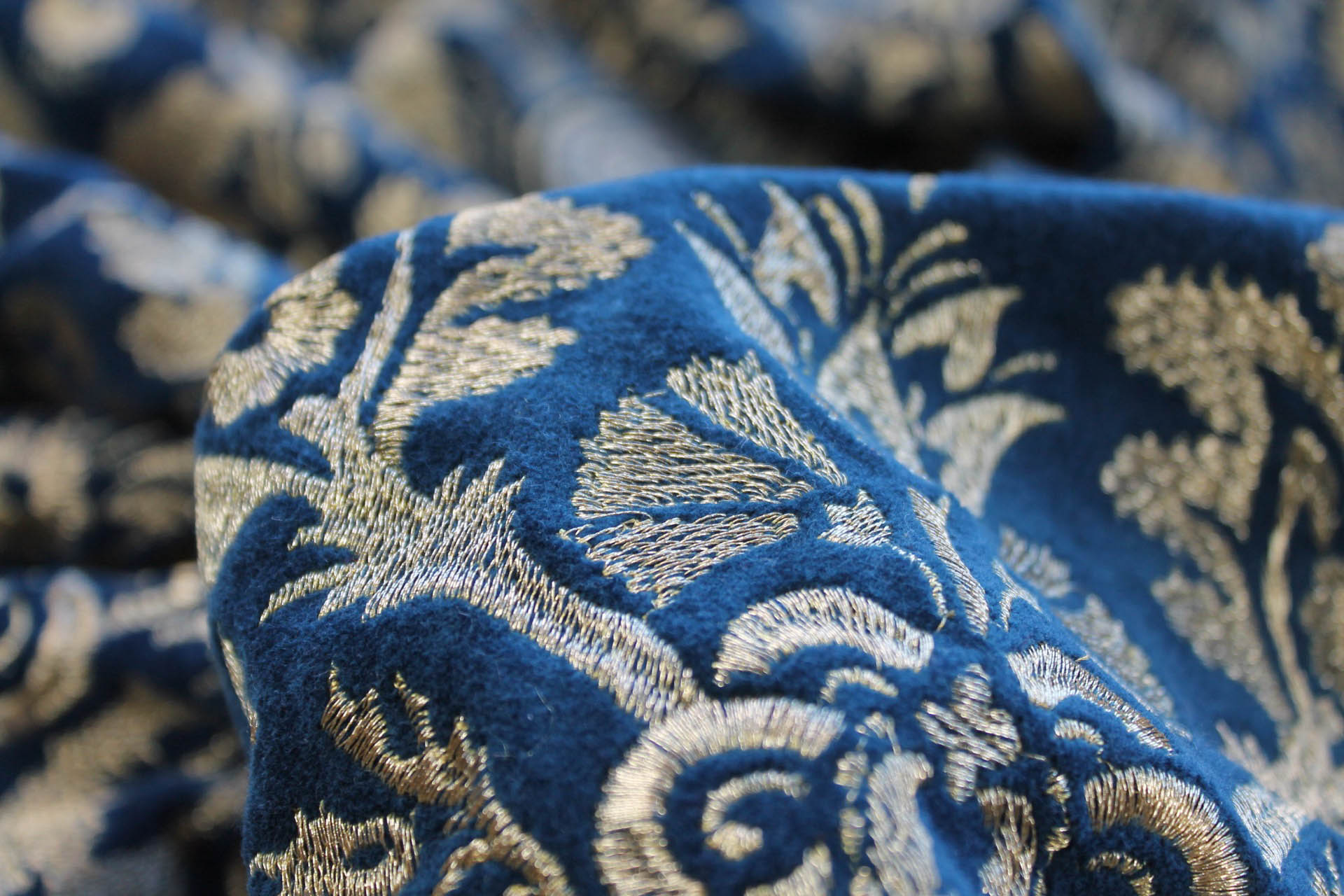 Heavy Jacquard Style Embroidery on Cotton Velvet - Gold on Teal fabric, image 6 of 7