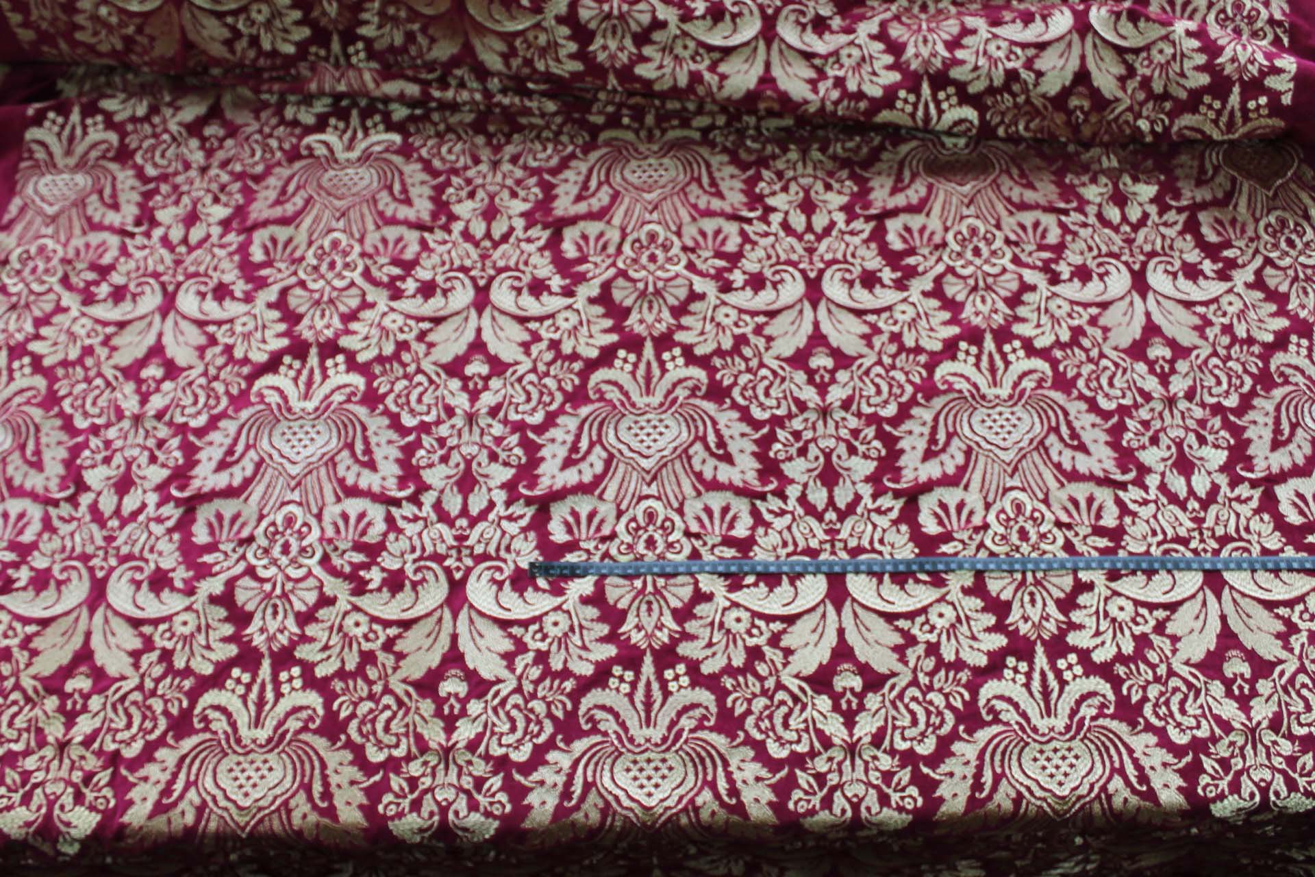 Heavy Jacquard Style Embroidery on Cotton Velvet - Gold on Merlot fabric, image 2 of 6