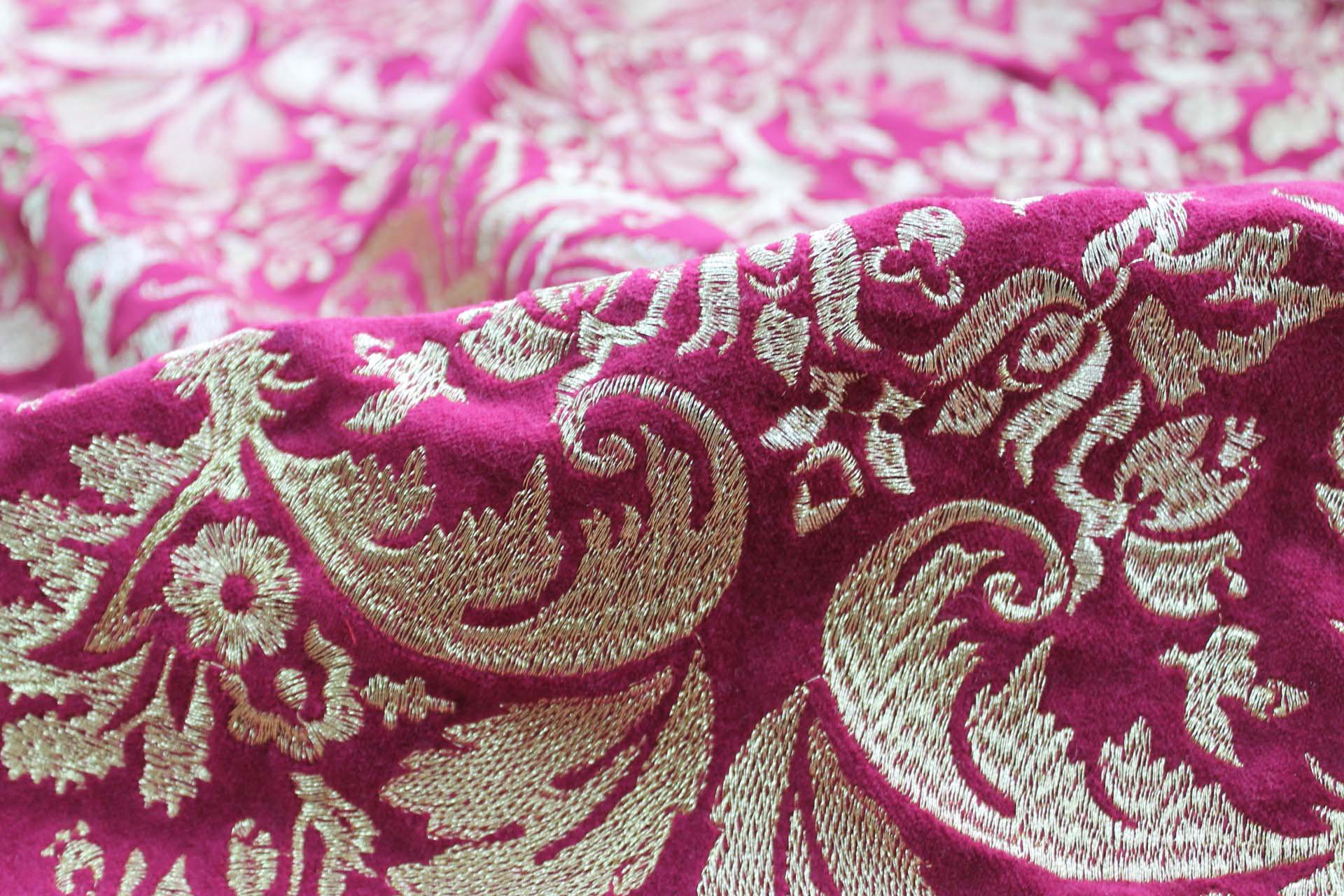 Heavy Jacquard Style Embroidery on Cotton Velvet - Gold on Merlot fabric, image 3 of 6