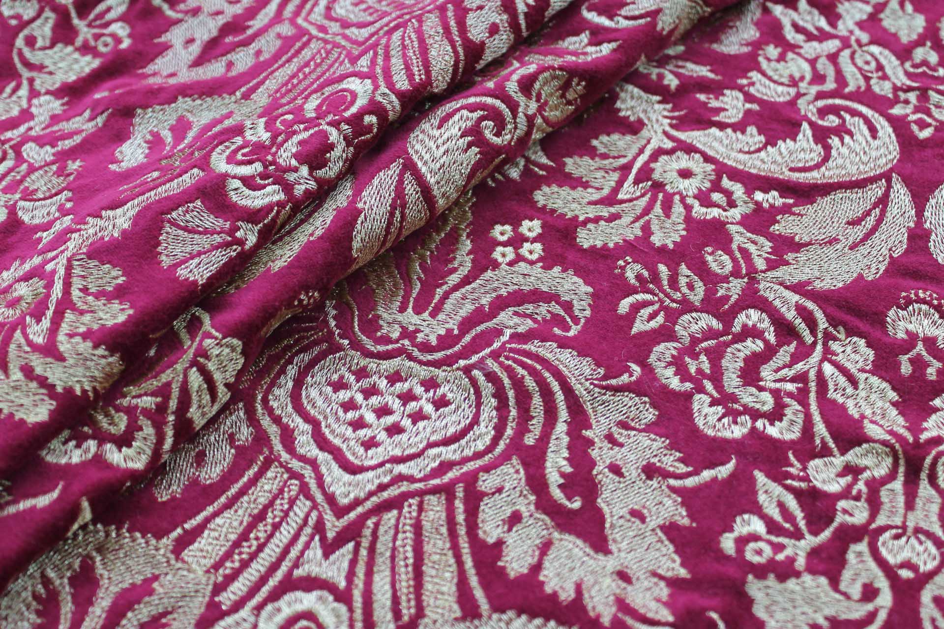 Heavy Jacquard Style Embroidery on Cotton Velvet - Gold on Merlot fabric