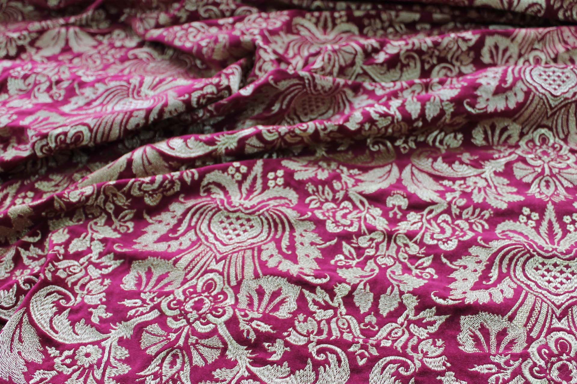 Heavy Jacquard Style Embroidery on Cotton Velvet - Gold on Merlot fabric, image 4 of 6