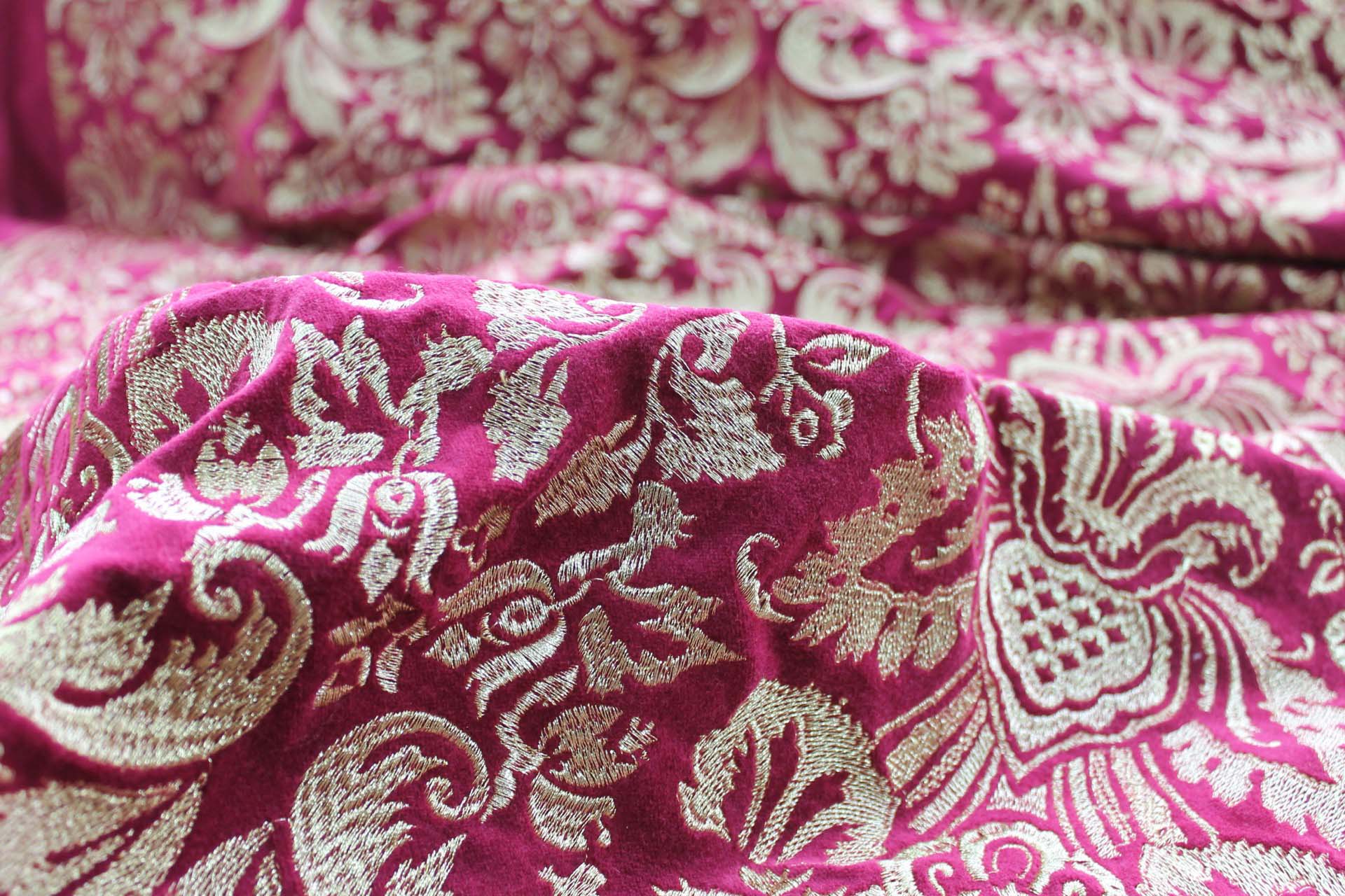 Heavy Jacquard Style Embroidery on Cotton Velvet - Gold on Merlot fabric, image 5 of 6