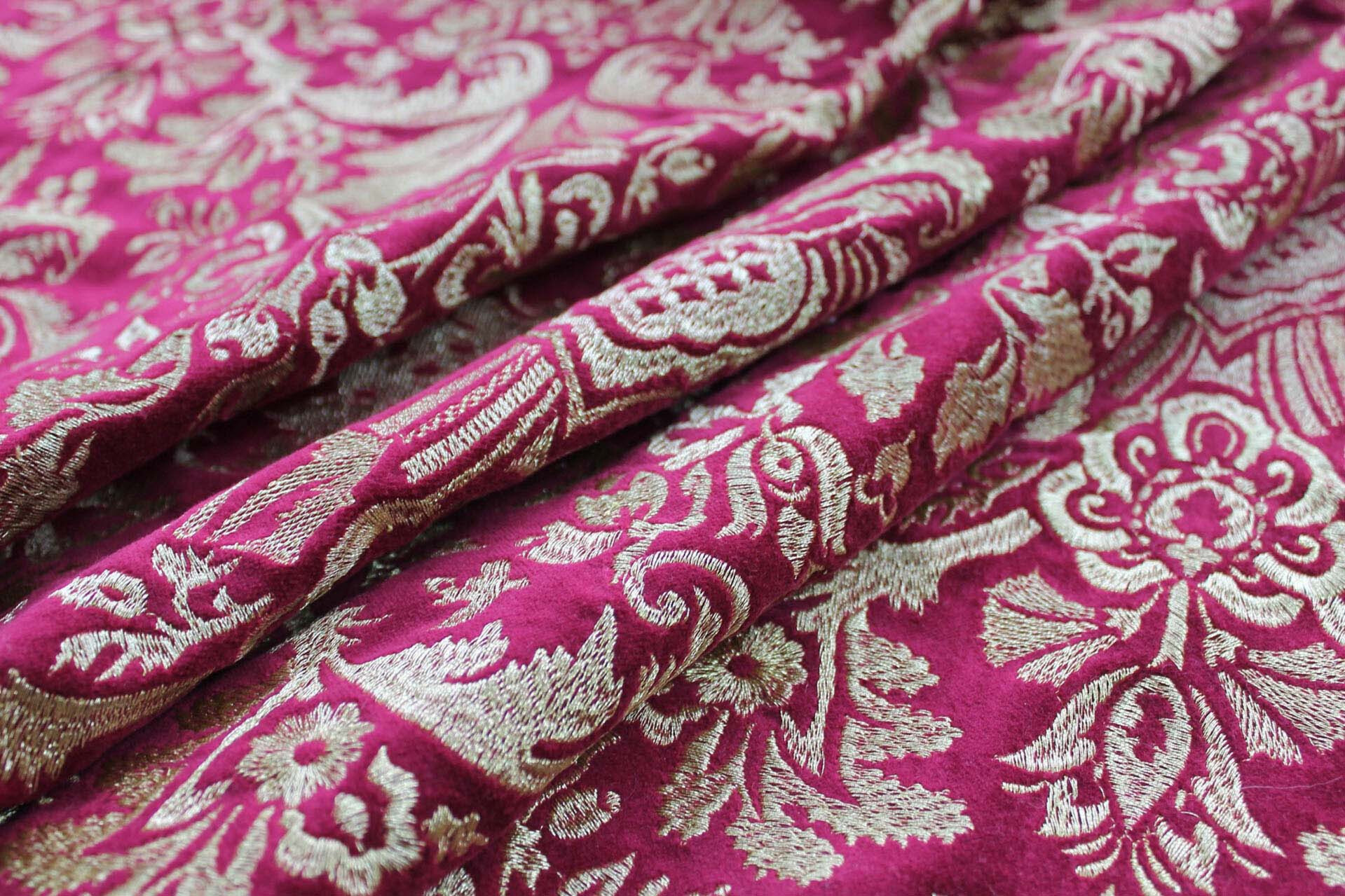Heavy Jacquard Style Embroidery on Cotton Velvet - Gold on Merlot fabric, image 6 of 6