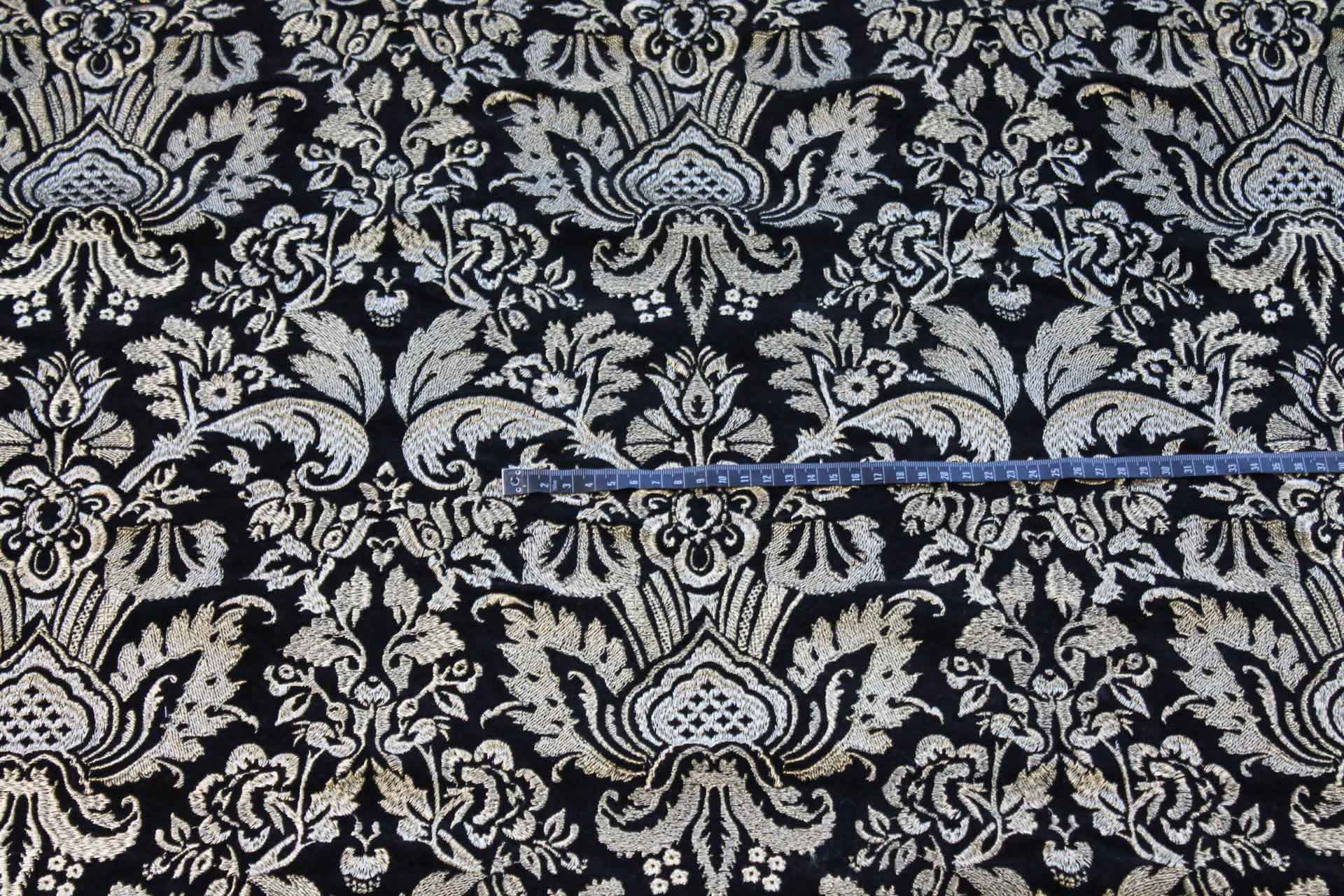 Heavy Jacquard Style Embroidery on Cotton Velvet - Gold on Black fabric, image 3 of 6