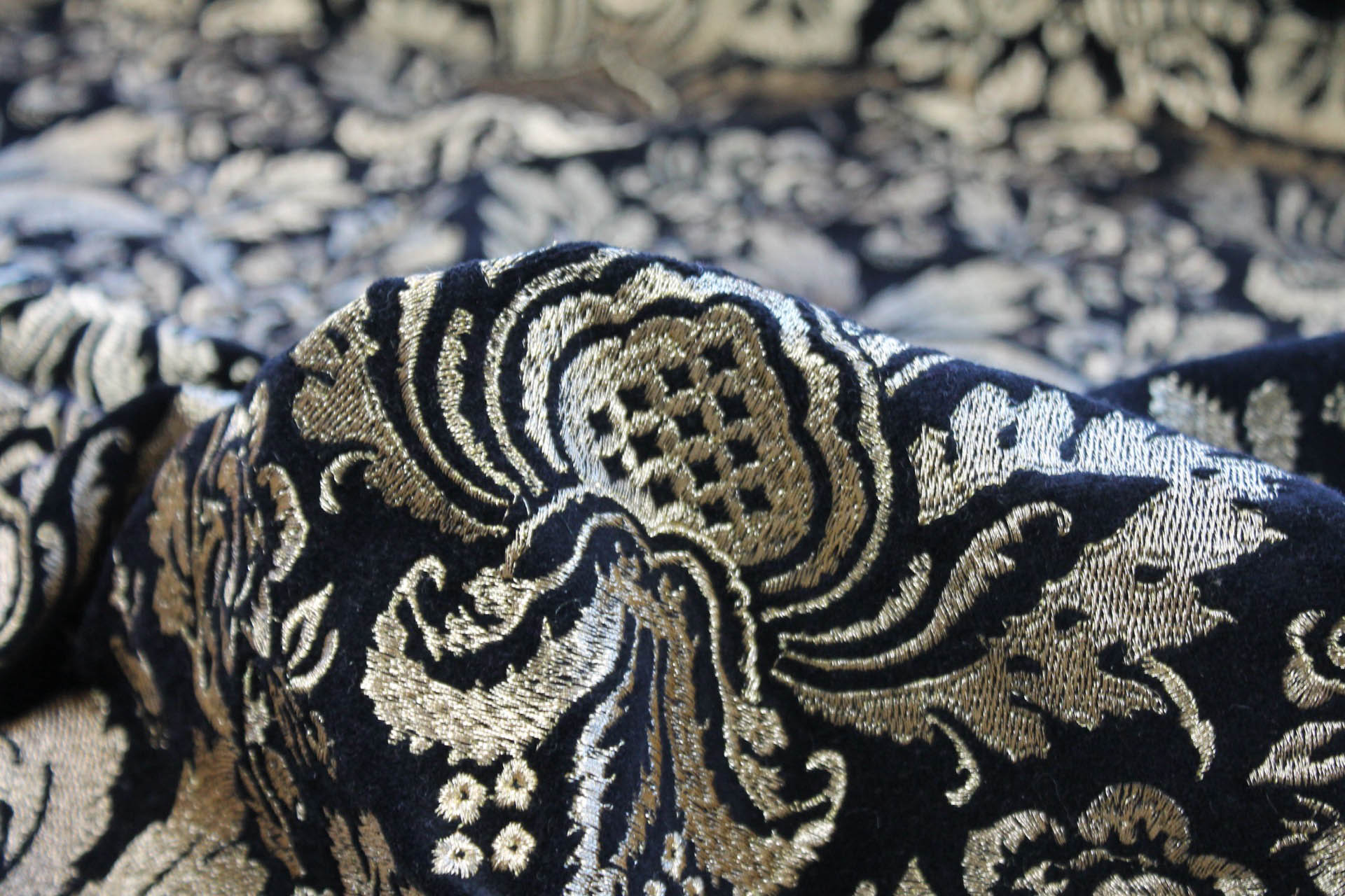 Heavy Jacquard Style Embroidery on Cotton Velvet - Gold on Black fabric, image 4 of 6