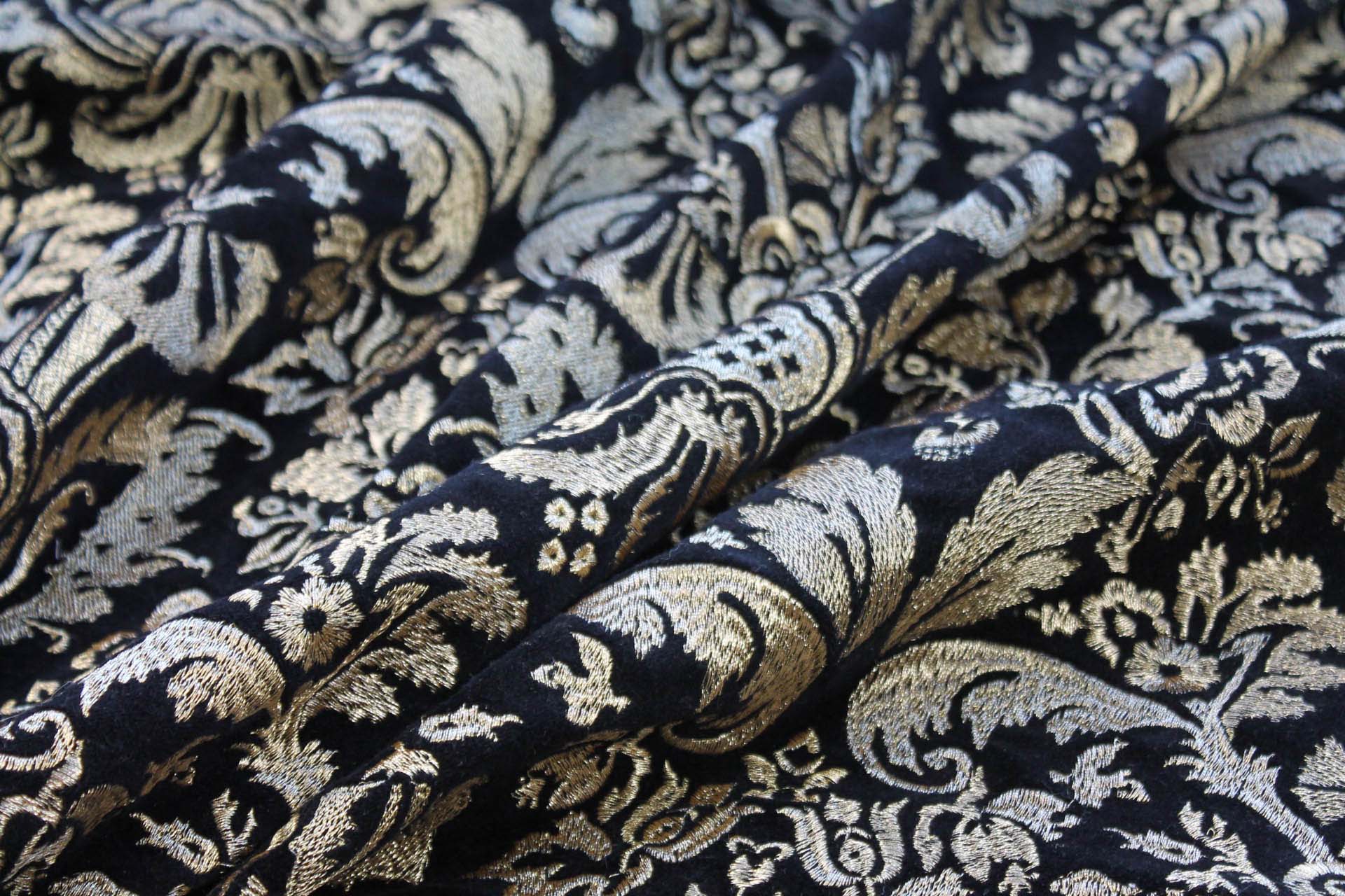 Heavy Jacquard Style Embroidery on Cotton Velvet - Gold on Black fabric