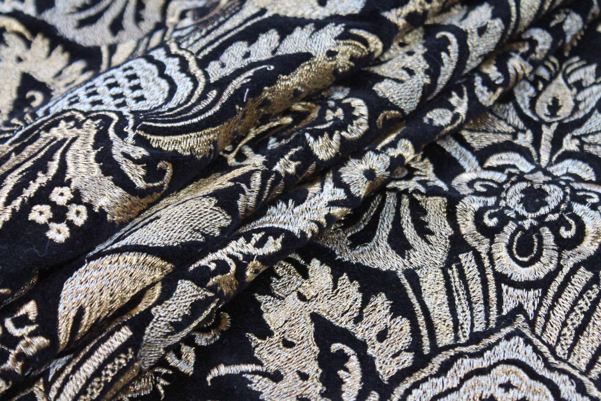 Heavy Jacquard Style Embroidery on Cotton Velvet - Gold on Black fabric, image 5 of 6