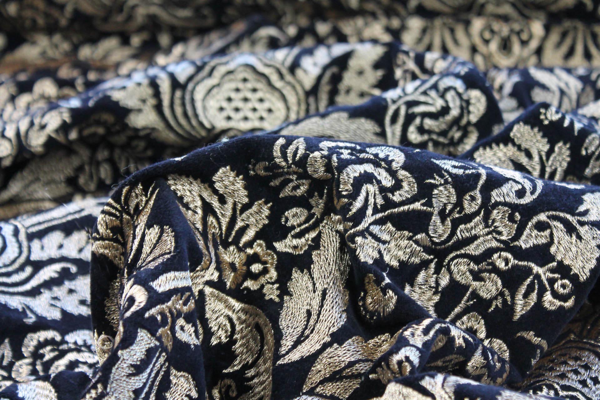 Heavy Jacquard Style Embroidery on Cotton Velvet - Gold on Black fabric, image 6 of 6