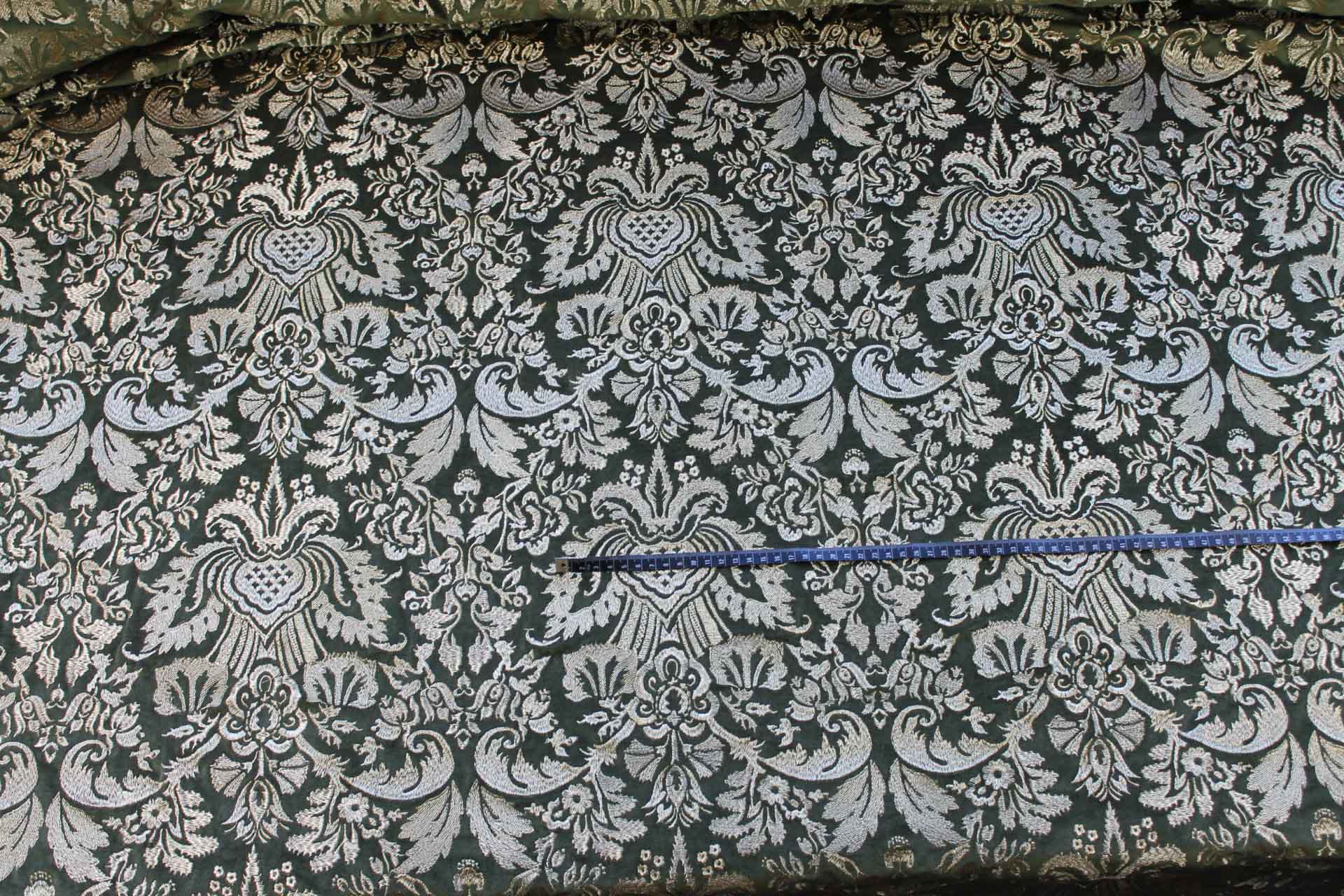 Heavy Jacquard Style Embroidery on Cotton Velvet - Gold on Green fabric, image 2 of 6