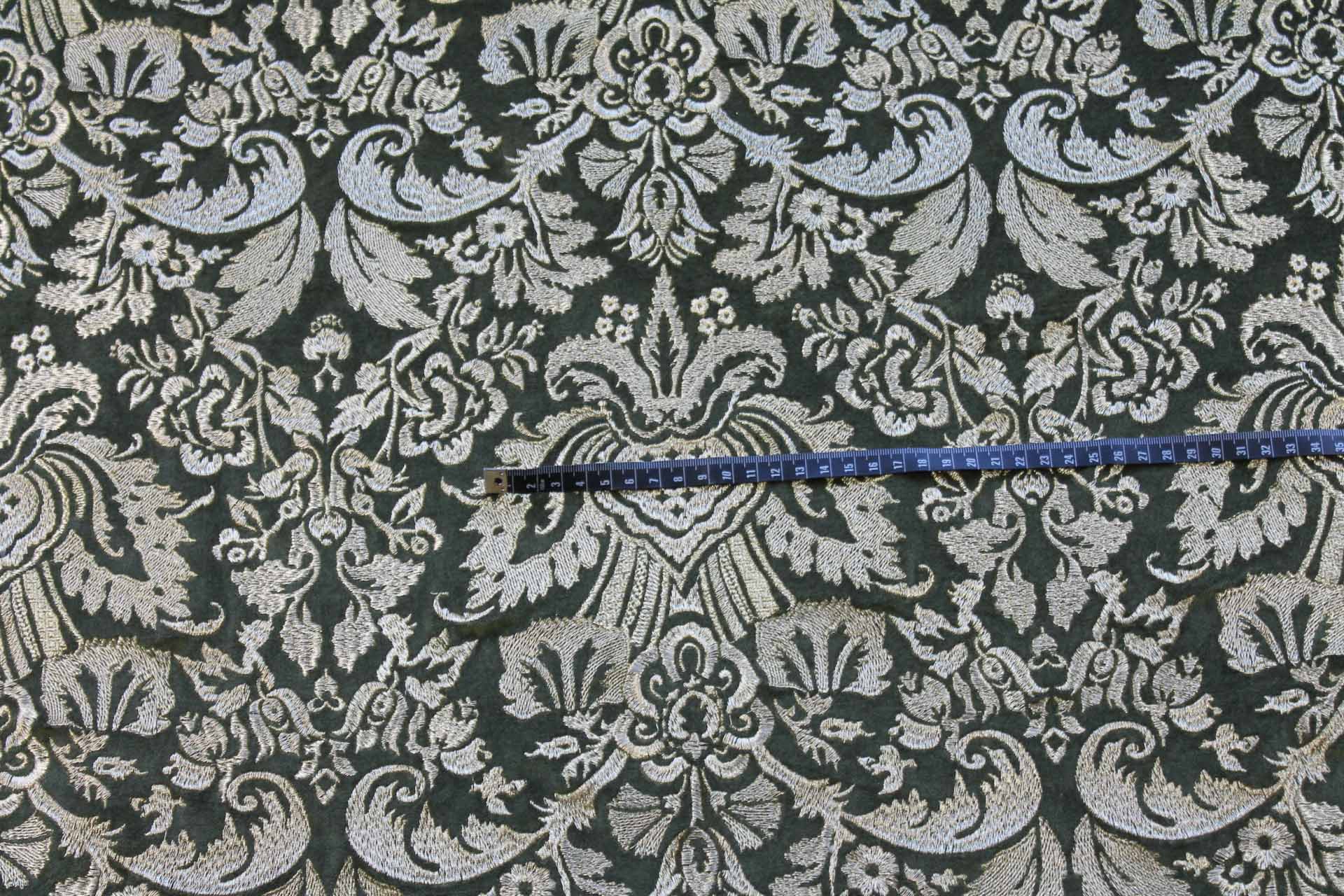 Heavy Jacquard Style Embroidery on Cotton Velvet - Gold on Green fabric, image 3 of 6