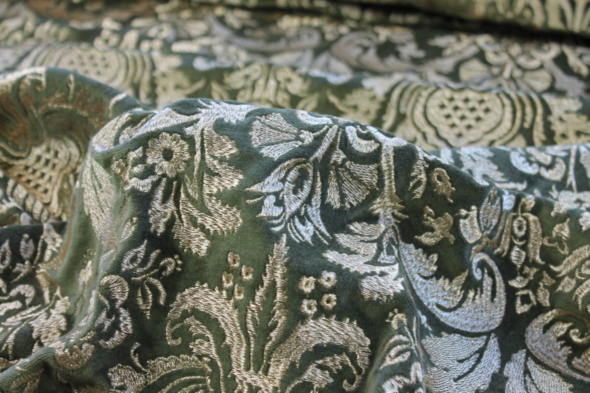 Heavy Jacquard Style Embroidery on Cotton Velvet - Gold on Green fabric, image 4 of 6