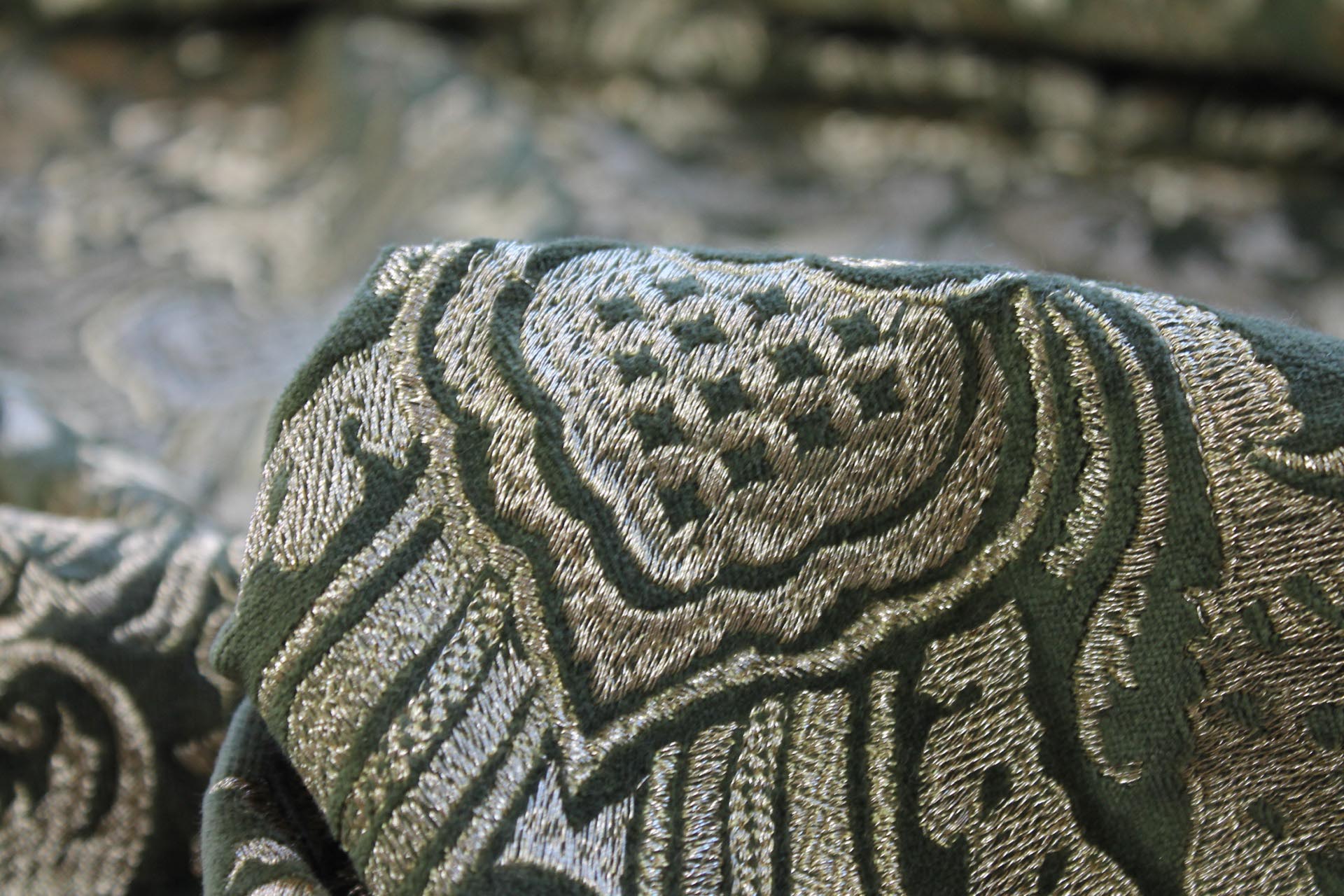 Heavy Jacquard Style Embroidery on Cotton Velvet - Gold on Green fabric, image 5 of 6