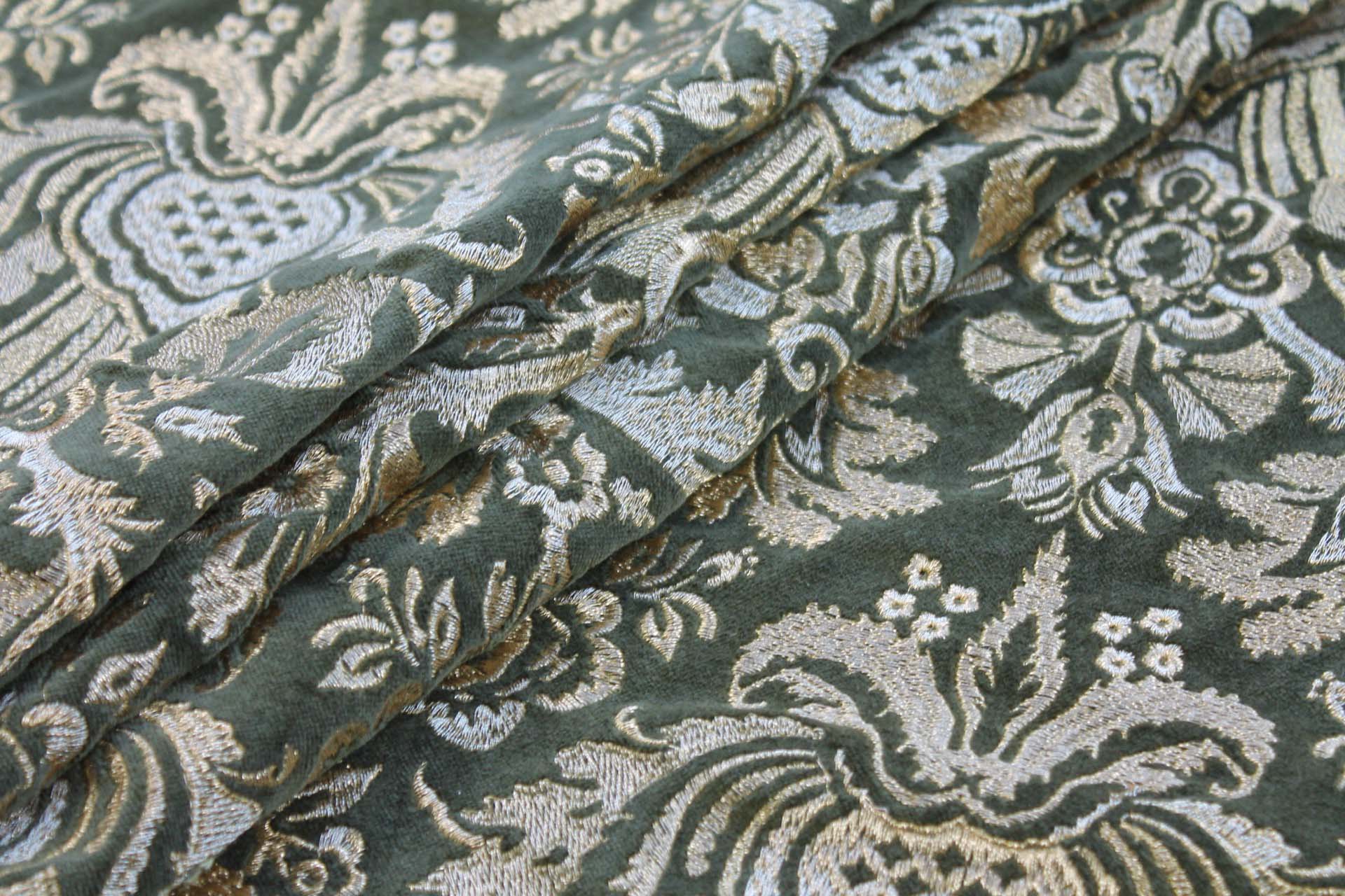 Heavy Jacquard Style Embroidery on Cotton Velvet - Gold on Green fabric