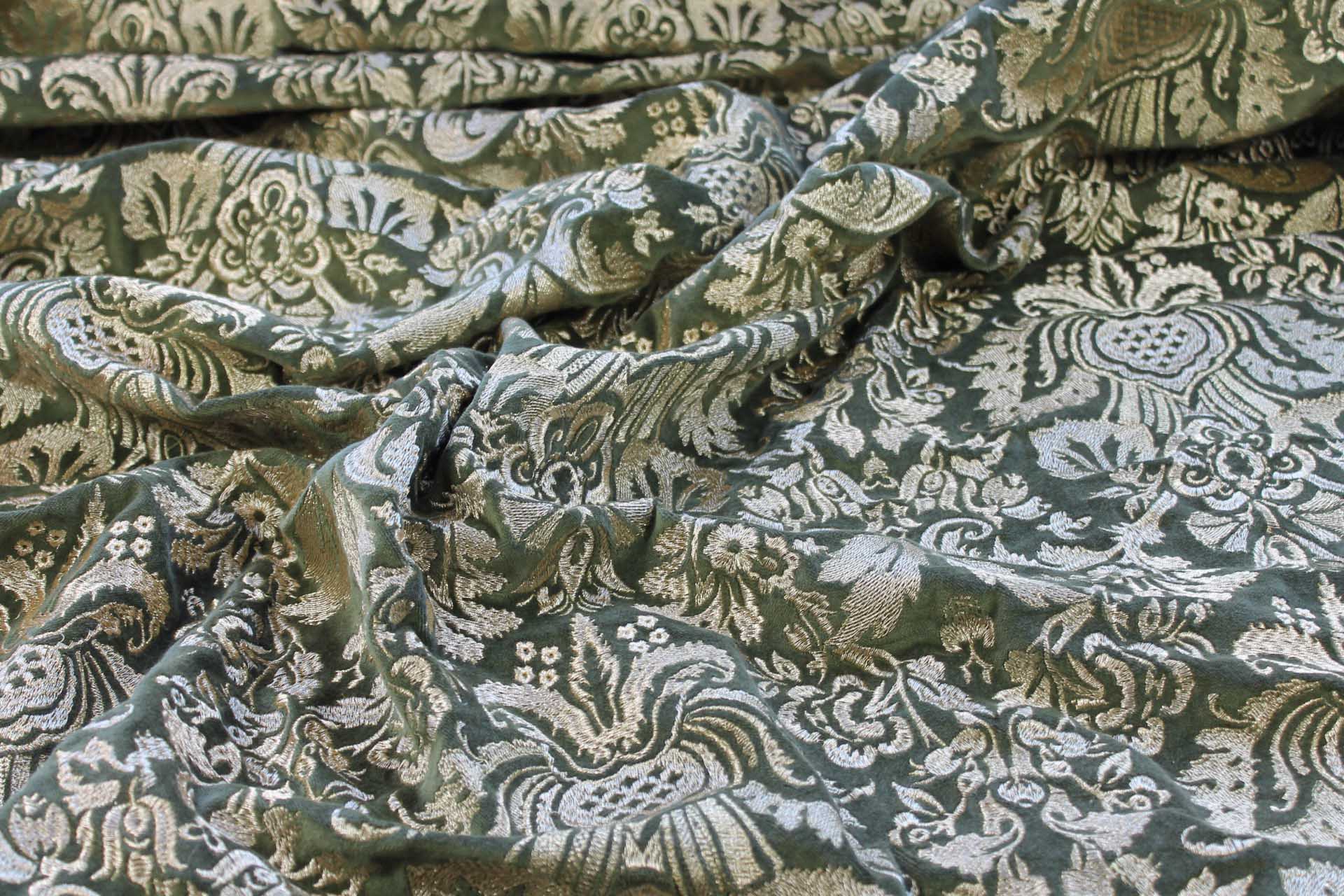 Heavy Jacquard Style Embroidery on Cotton Velvet - Gold on Green fabric, image 6 of 6