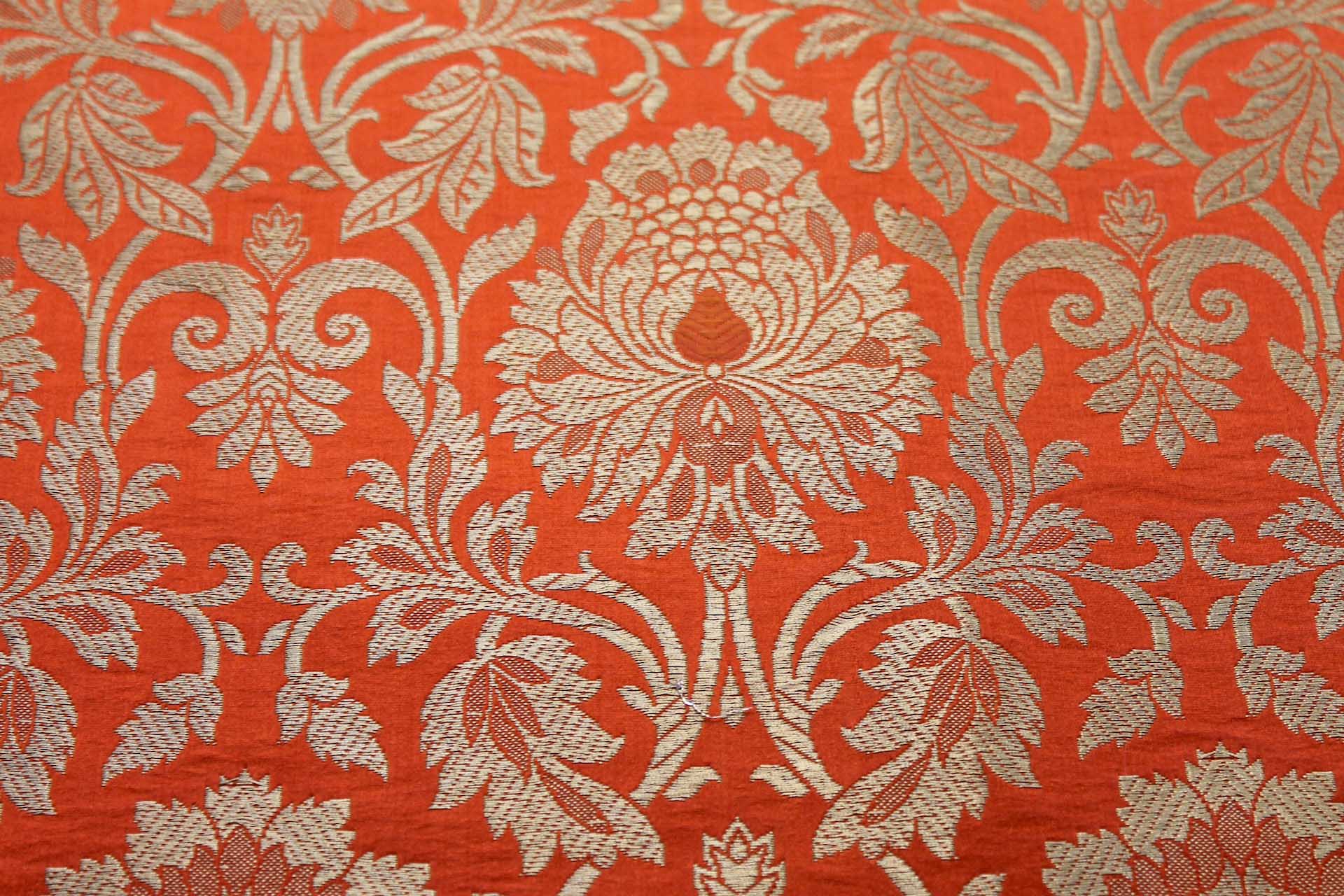 Heavy Banaras Brocade in an Orange and Gold Swirl Pattern fabric, image 3 of 8