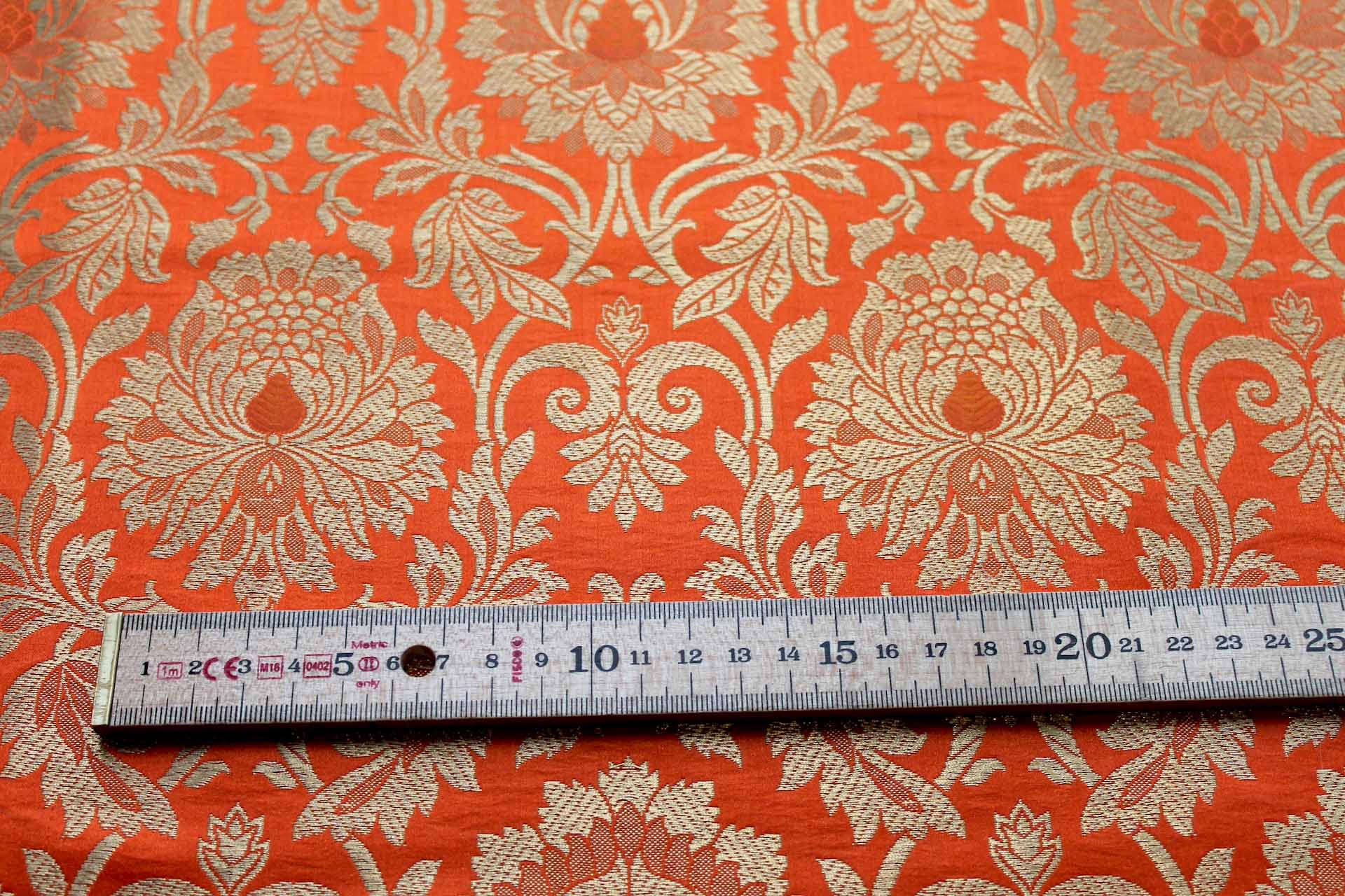 Heavy Banaras Brocade in an Orange and Gold Swirl Pattern fabric, image 4 of 8