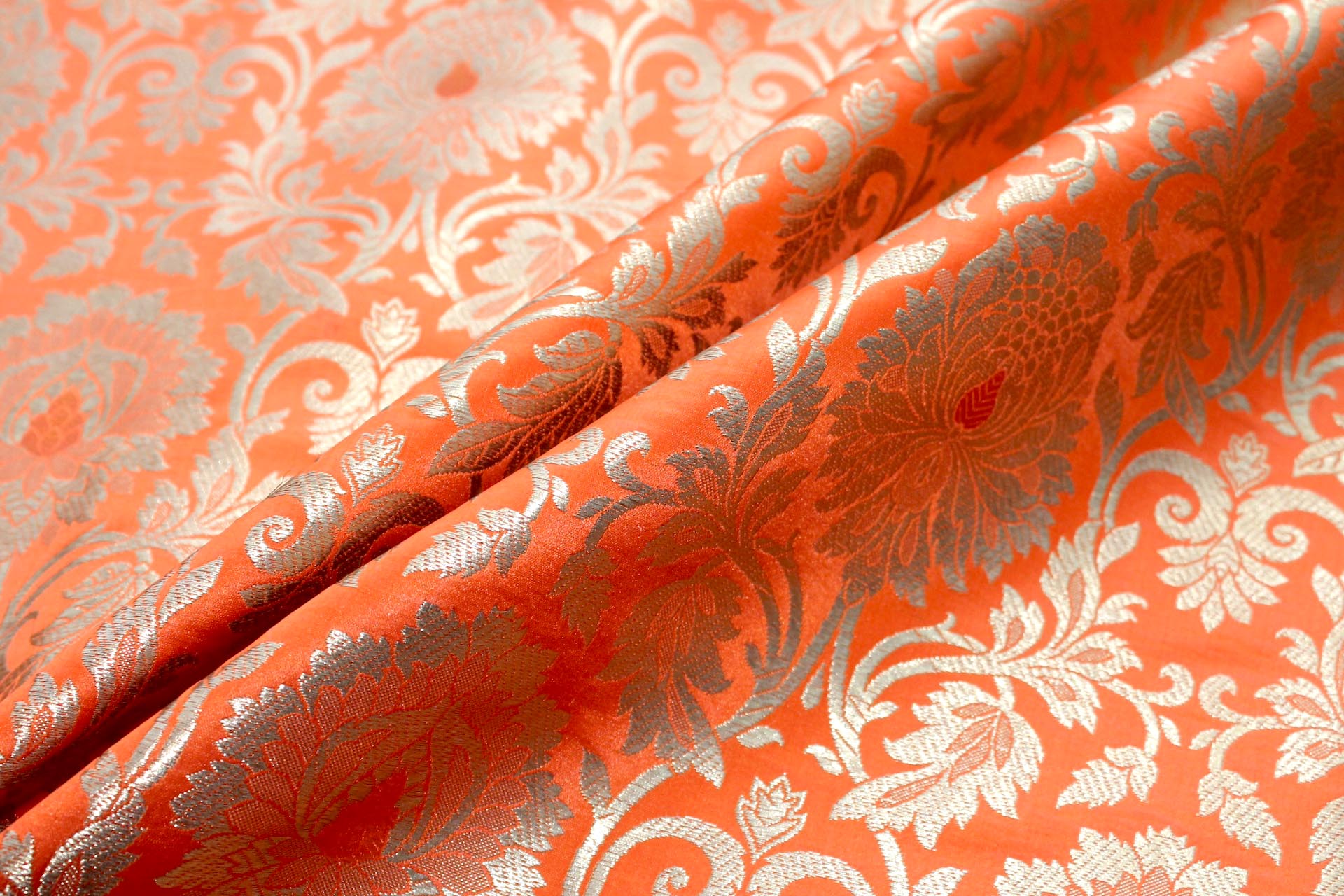 Heavy Banaras Brocade in an Orange and Gold Swirl Pattern fabric, image 5 of 8