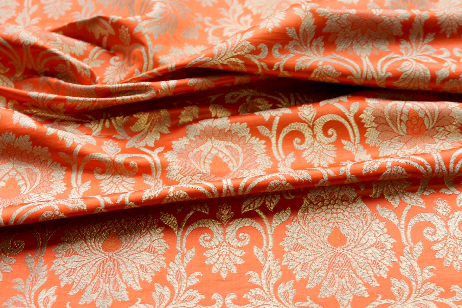 Heavy Banaras Brocade in an Orange and Gold Swirl Pattern fabric, image 6 of 8