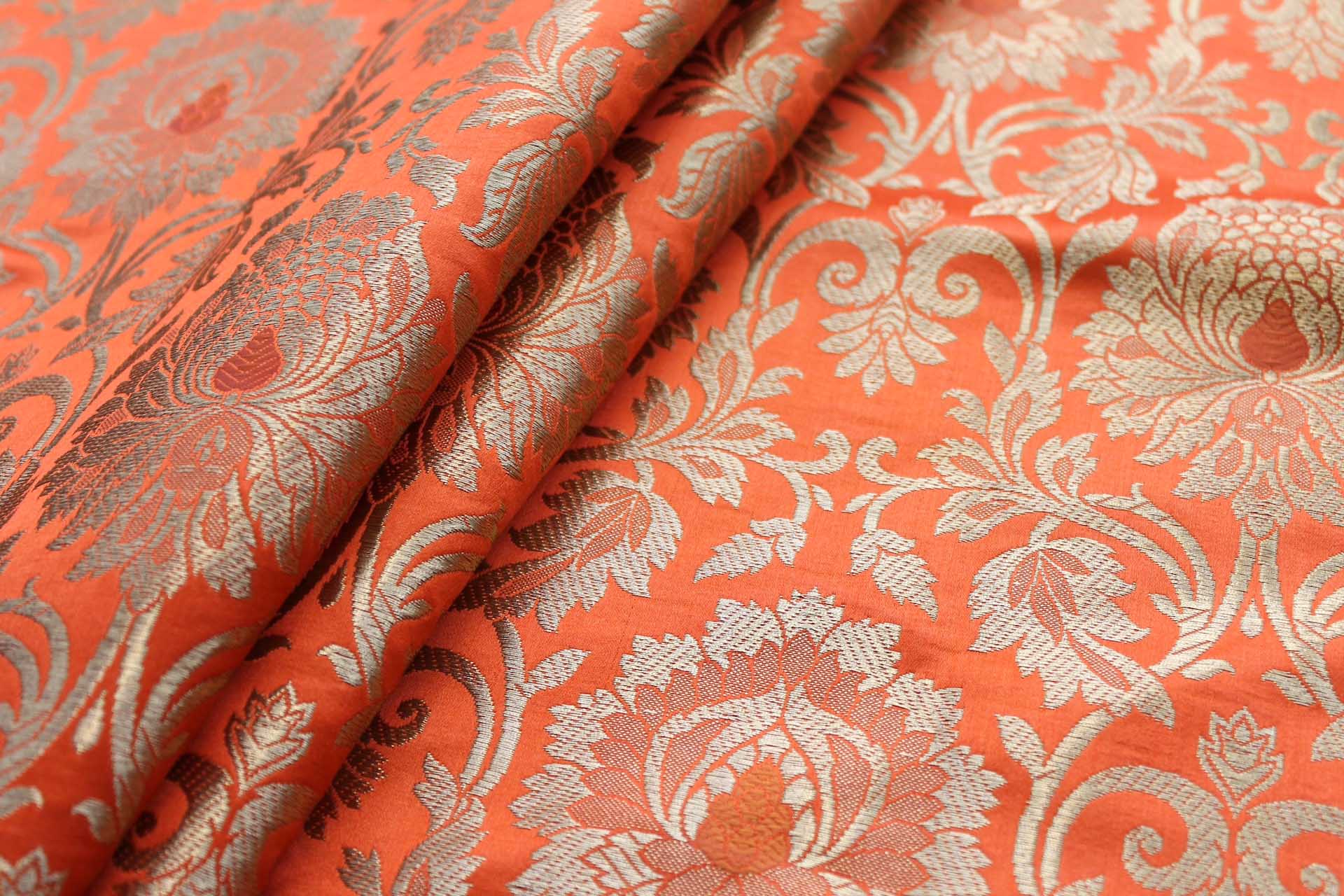Heavy Banaras Brocade in an Orange and Gold Swirl Pattern fabric, image 7 of 8