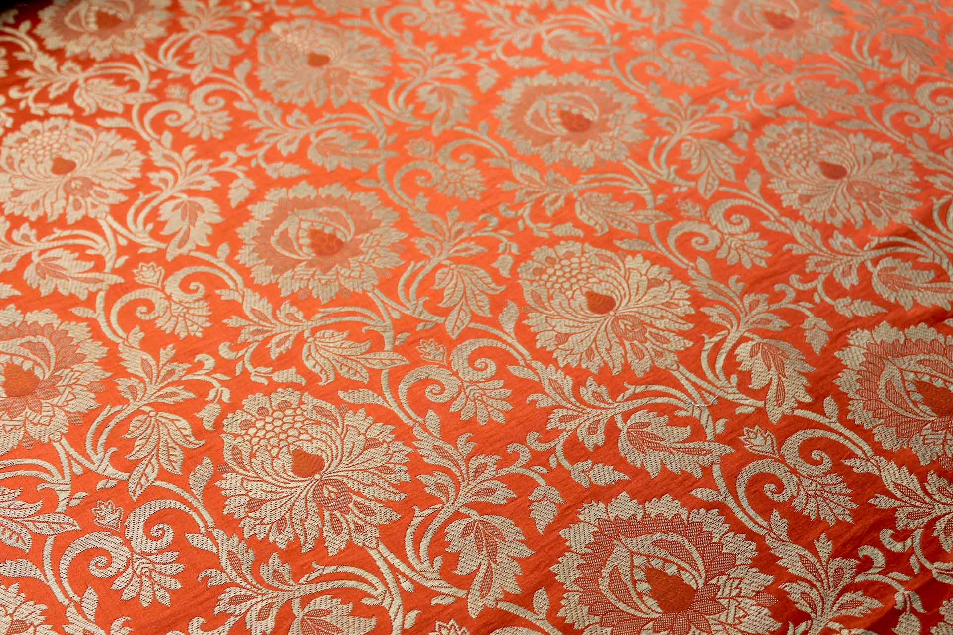 Heavy Banaras Brocade in an Orange and Gold Swirl Pattern fabric, image 8 of 8