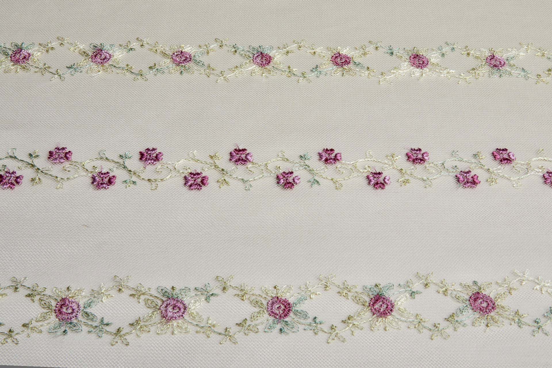 Pink Flowers and Light Green Vines in Stripes on Tulle fabric, image 11 of 11
