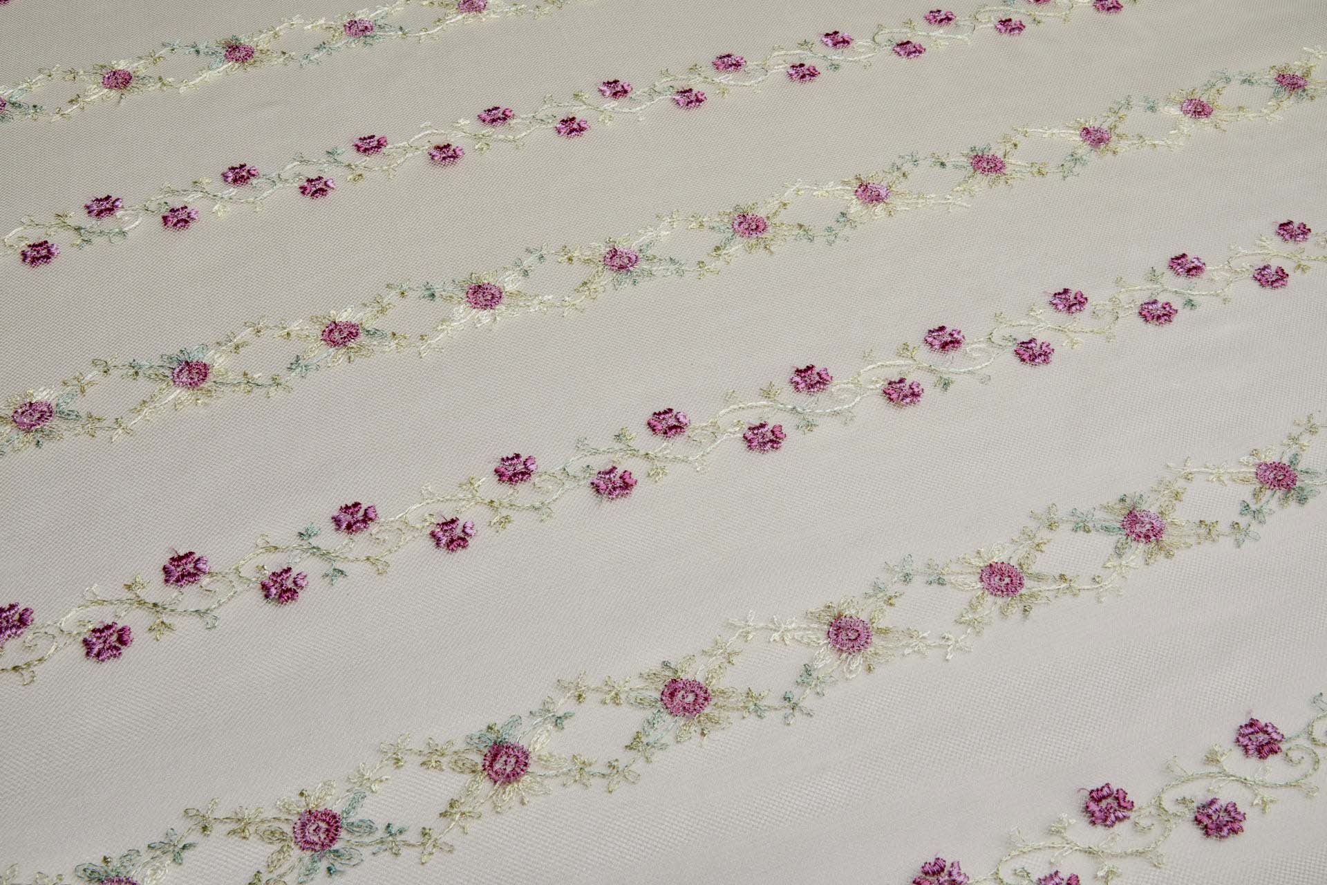 Pink Flowers and Light Green Vines in Stripes on Tulle fabric, image 2 of 11