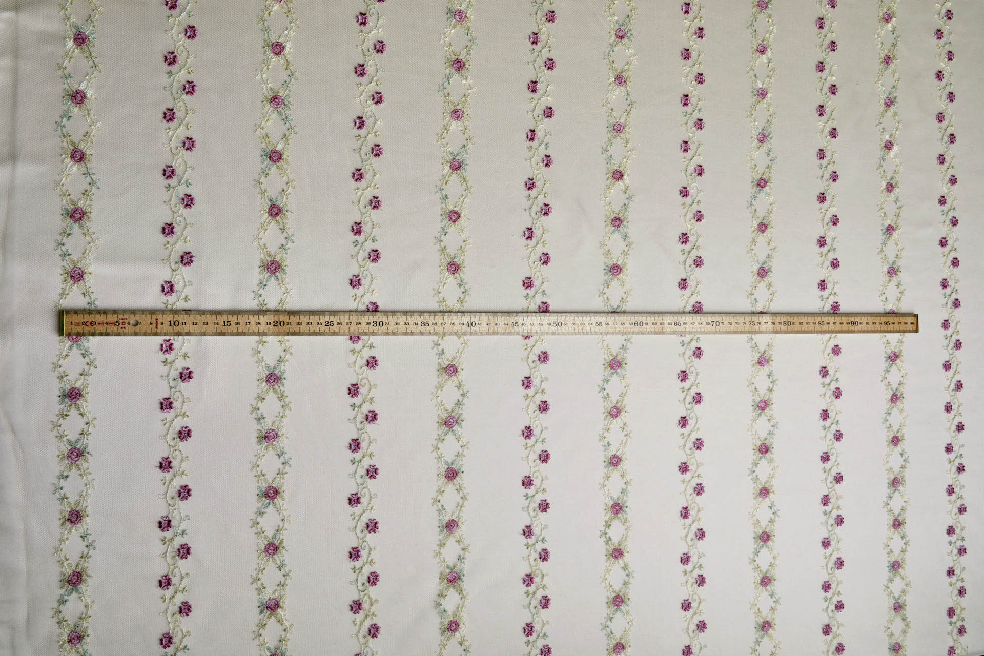 Pink Flowers and Light Green Vines in Stripes on Tulle fabric, image 10 of 11