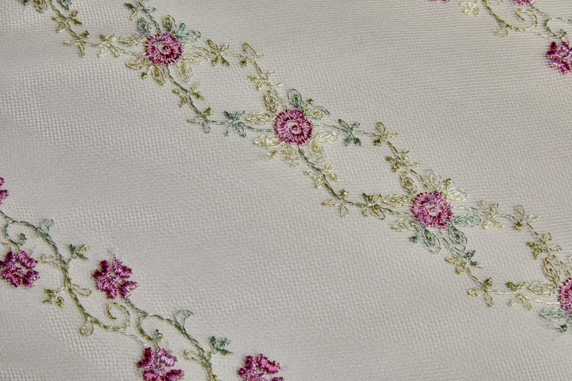 Pink Flowers and Light Green Vines in Stripes on Tulle fabric, image 3 of 11
