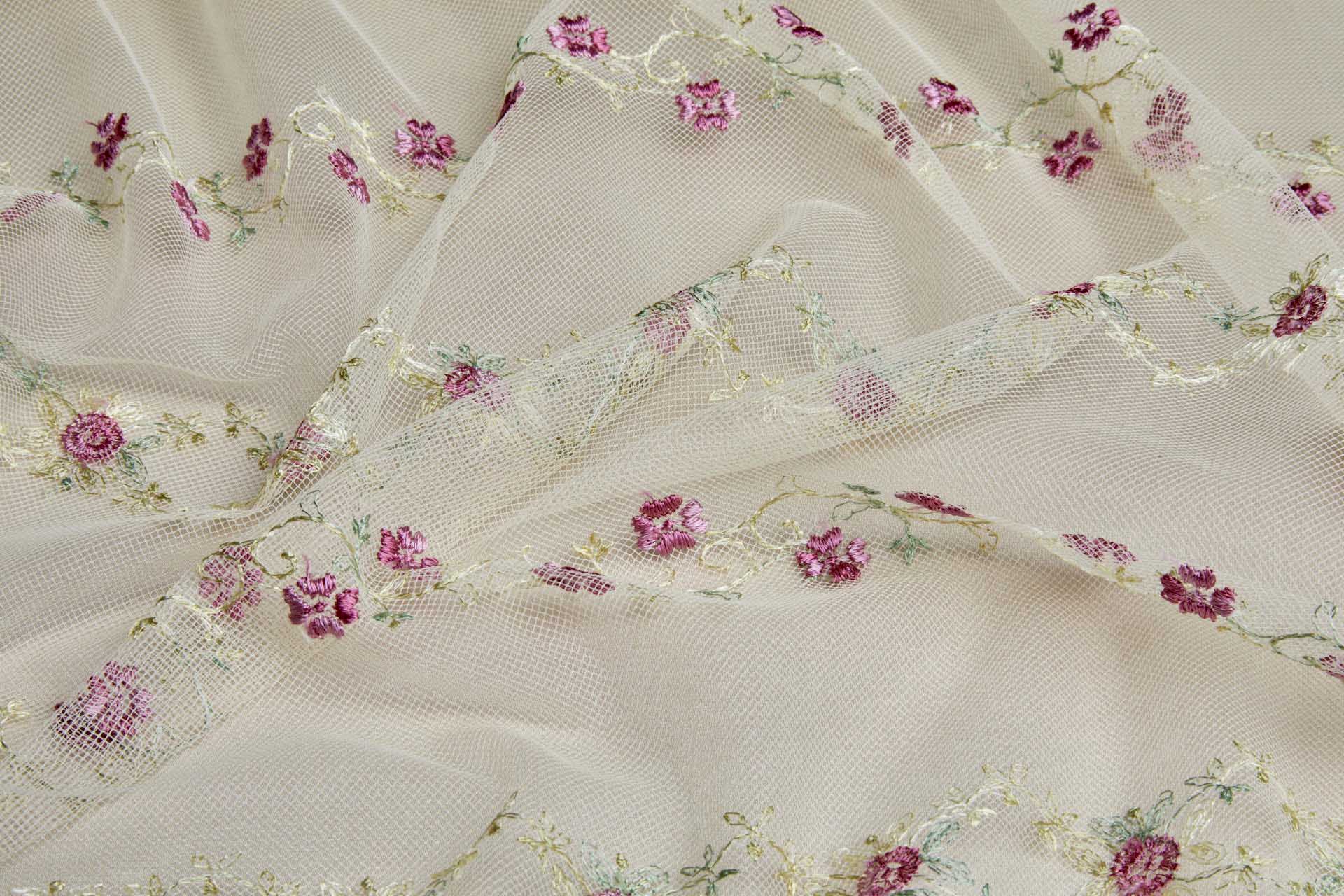 Pink Flowers and Light Green Vines in Stripes on Tulle fabric, image 4 of 11