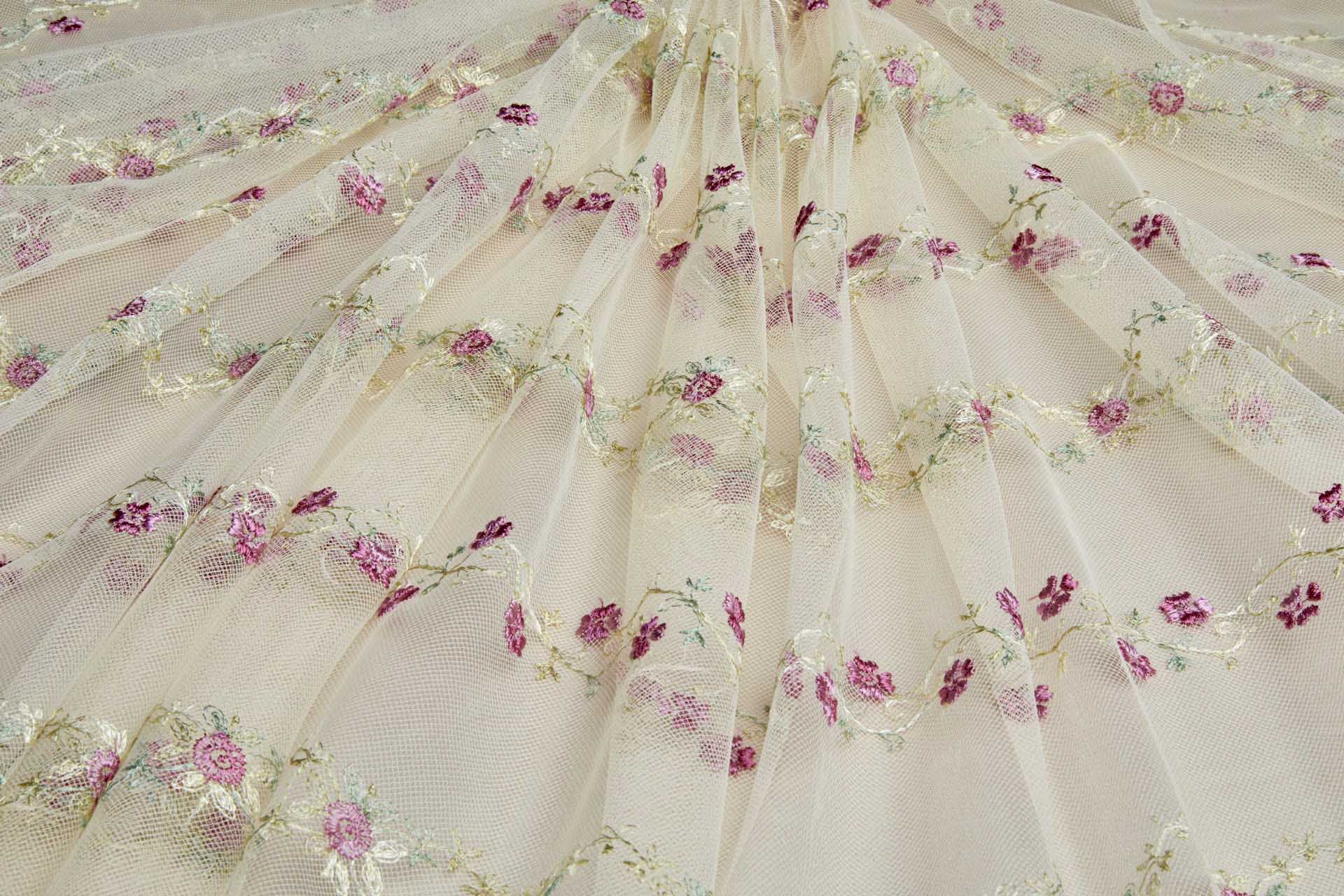 Pink Flowers and Light Green Vines in Stripes on Tulle fabric, image 5 of 11