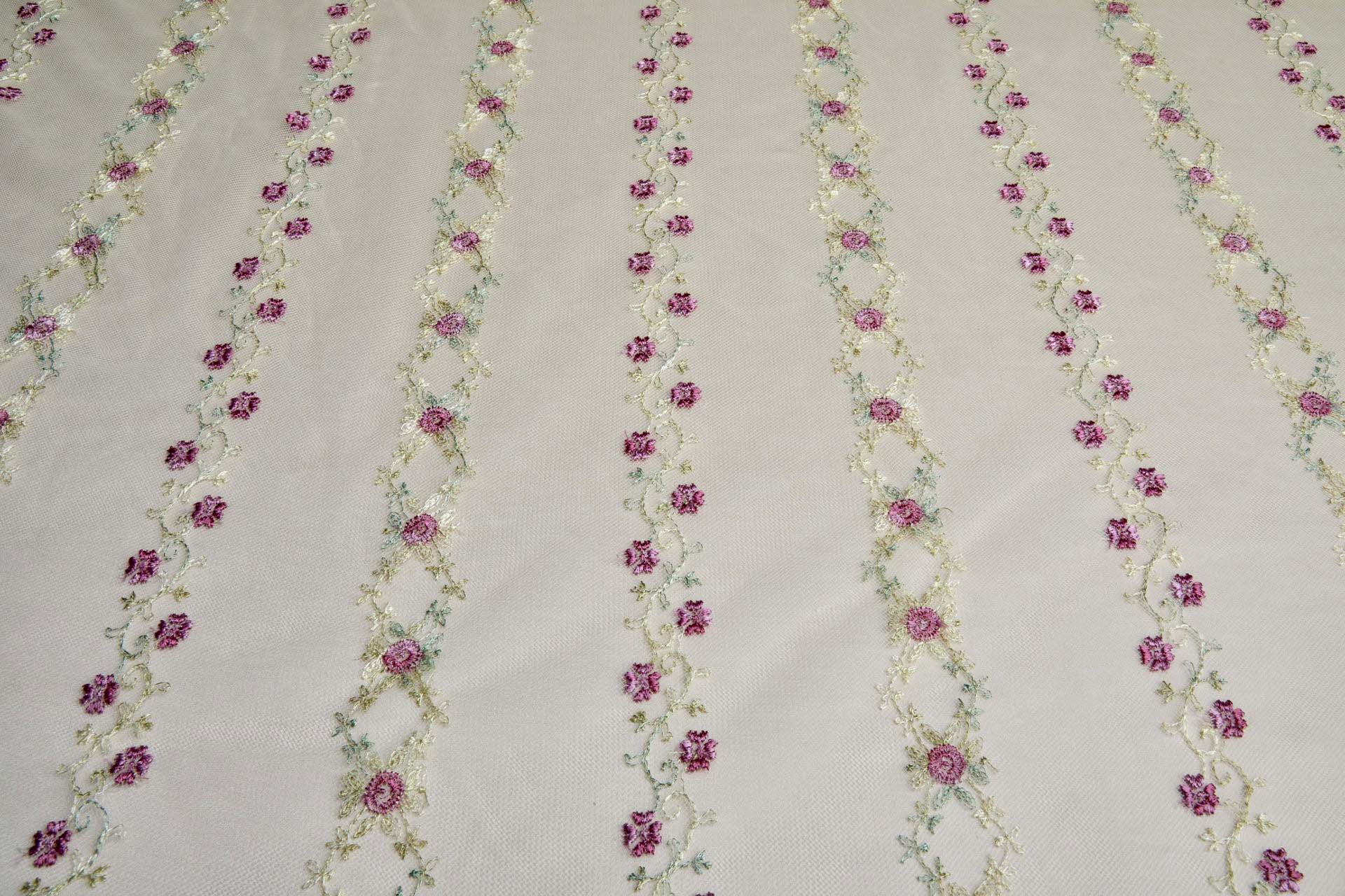 Pink Flowers and Light Green Vines in Stripes on Tulle fabric, image 6 of 11